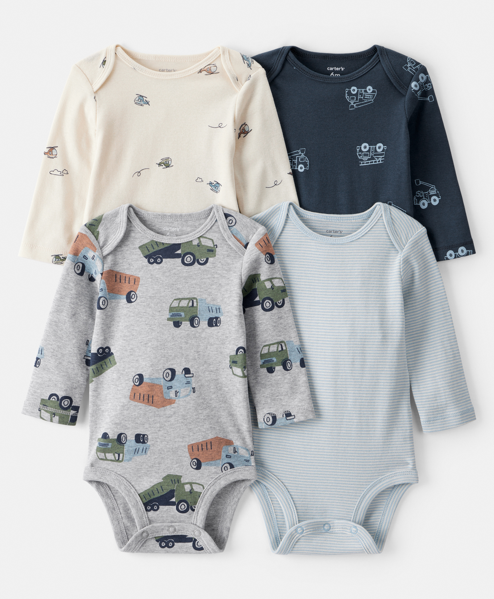 Carter's Knit Full Sleeves Onesies With Stripes & Vehicle Print Pack Of 4 - Grey & Black-picture-22