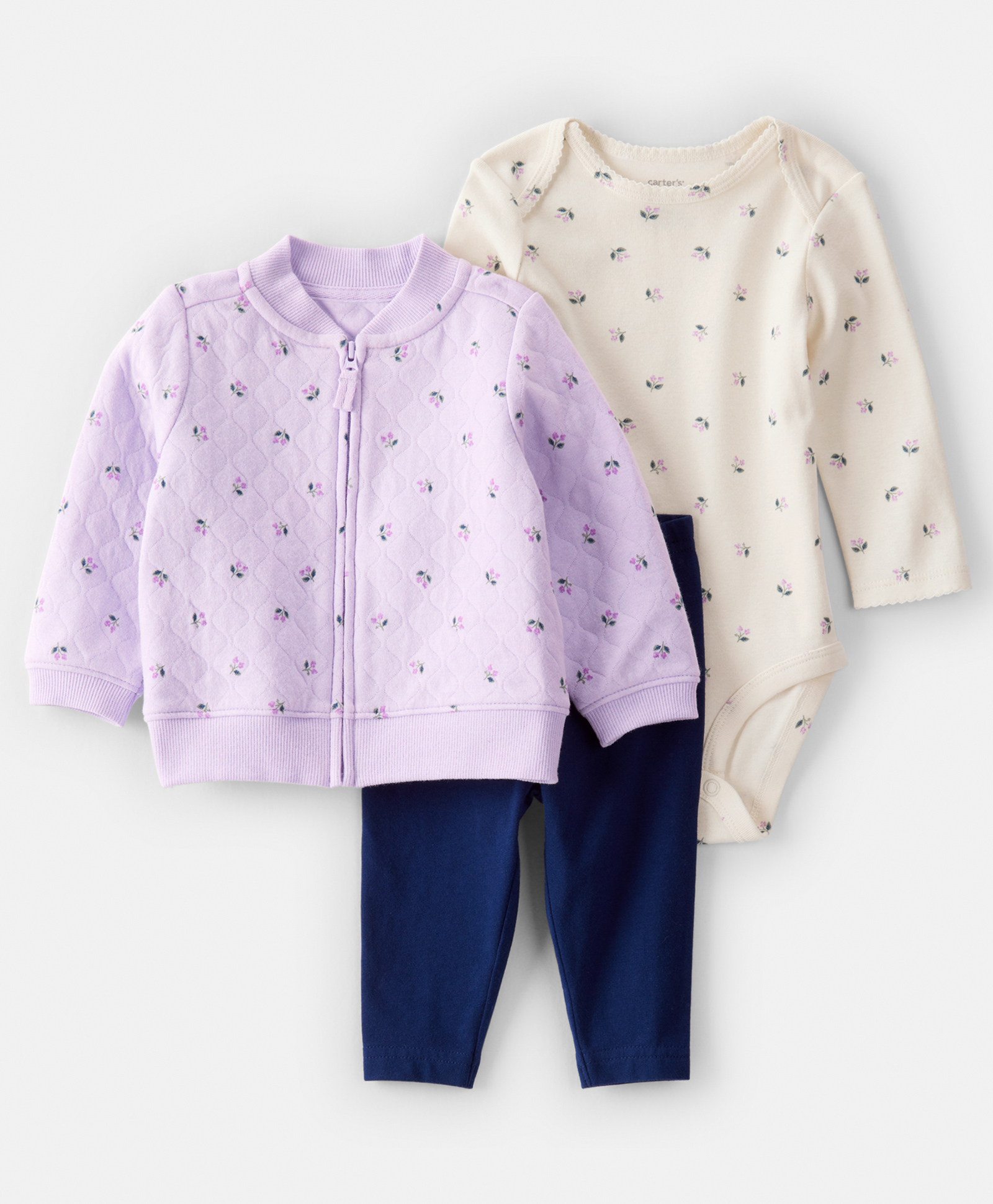 Carter's Knit Full Sleeves Jacket & Joggers Set with Floral Printed Onesie - Purple & Cream-image-26