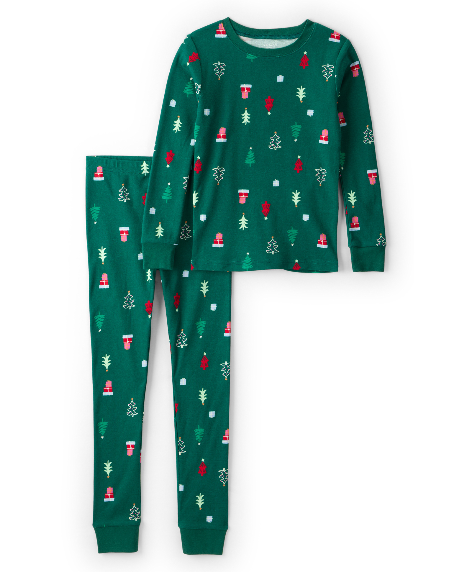Carter's Cotton Knit Full Sleeves Co-ord Night Suit With Christmas Tree Print - Green-image-10