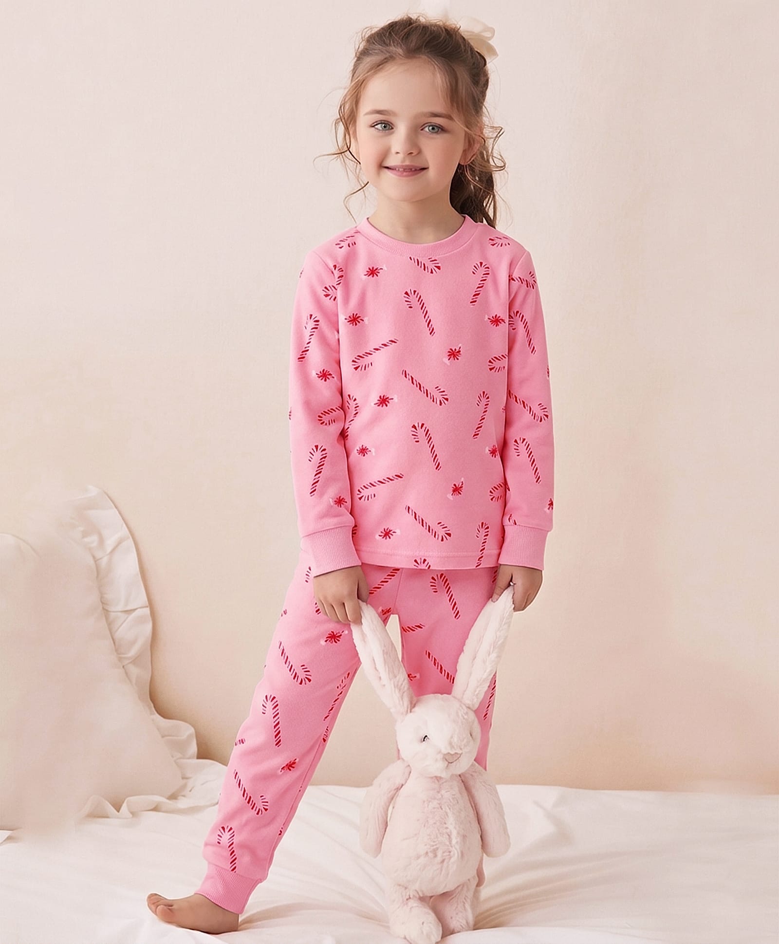 Carter's Cotton Knit Full Sleeves Co-ord Night Suit With Candy Cane Print - Pink-image-25
