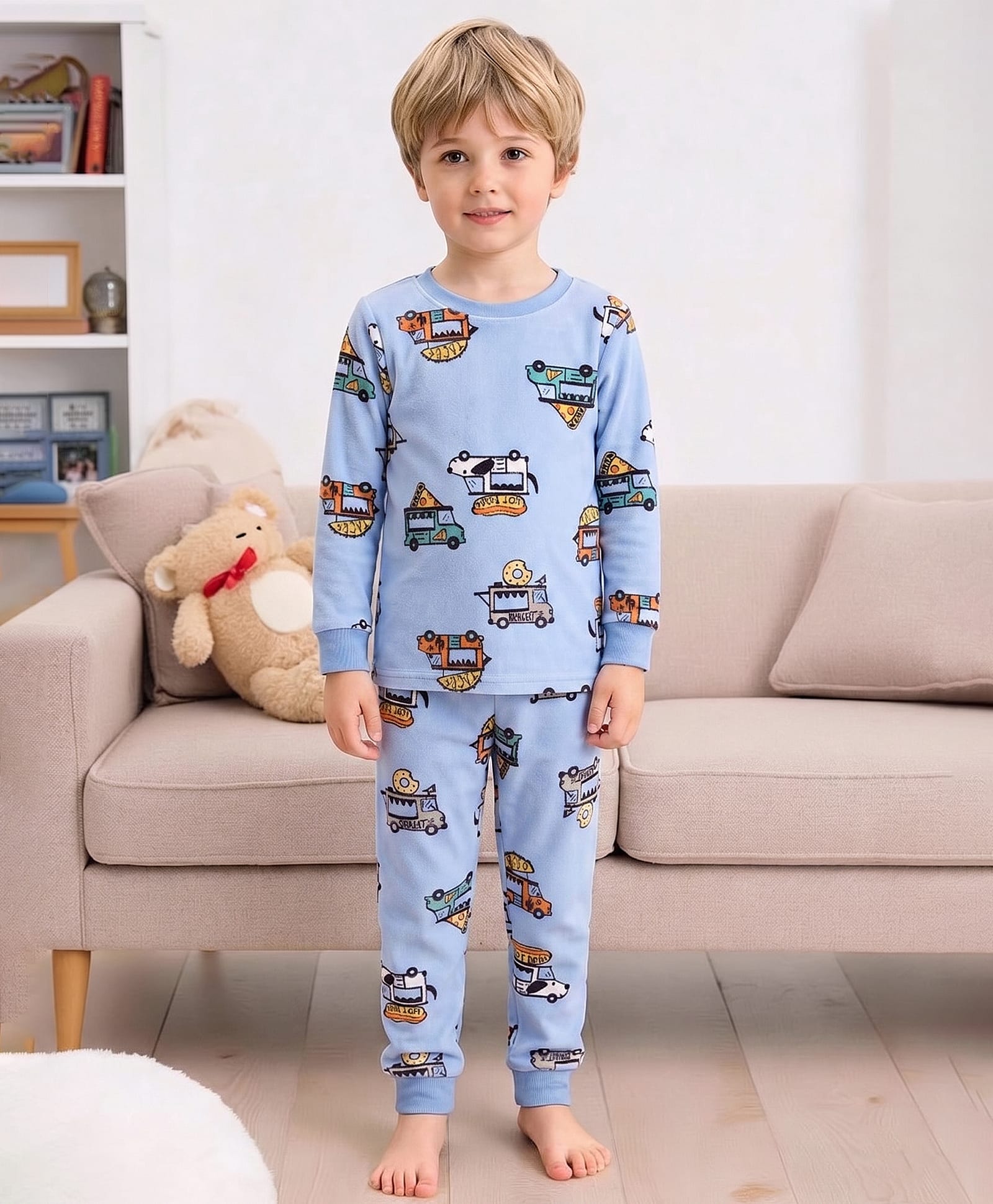 Carter's Cotton Knit Full Sleeves Co-ord Night Suit With Car Print - Light Blue-image-26