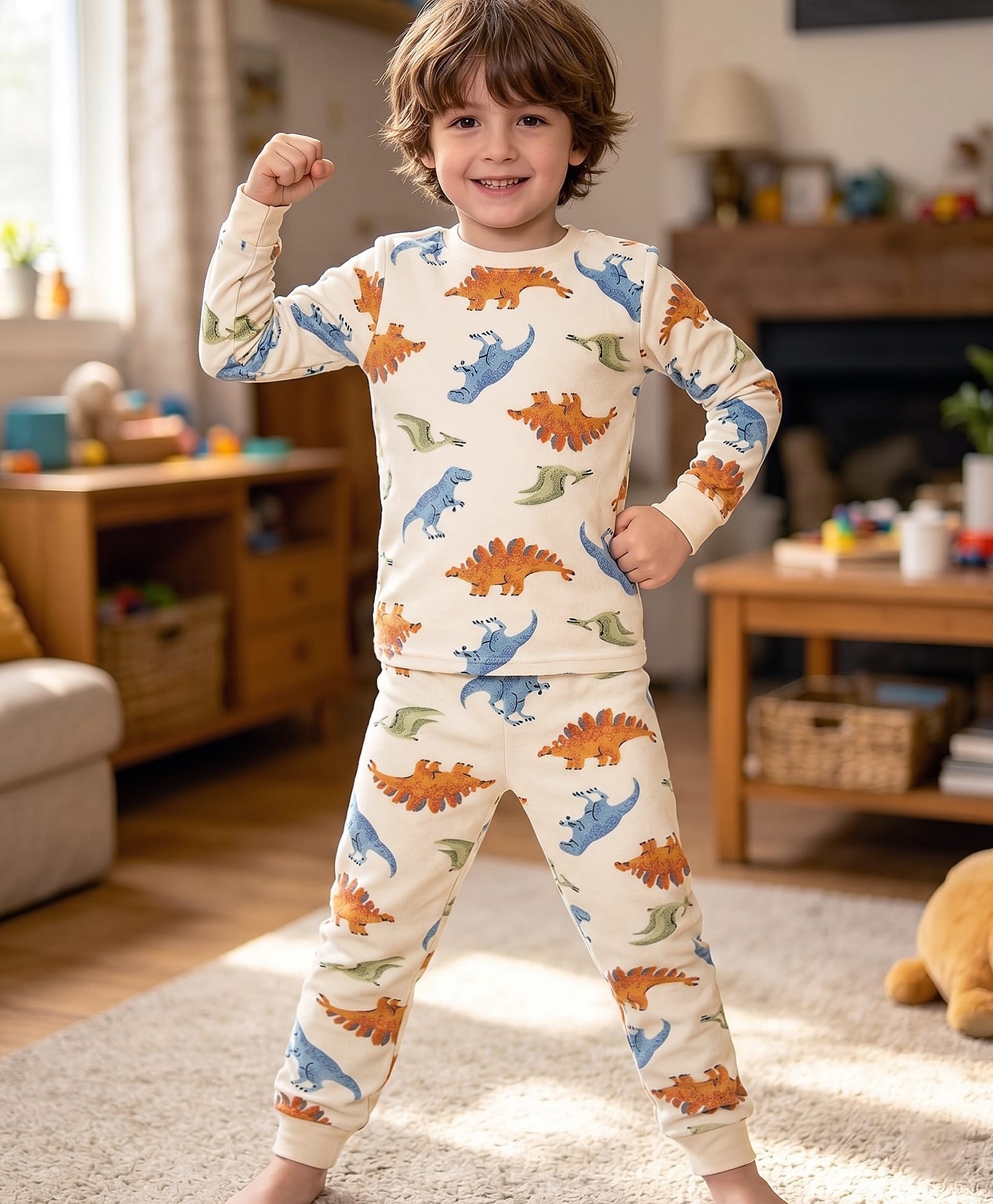Carter's Cotton Knit Full Sleeves Co-ord Night Suit With Dino Print - Tan-image-28