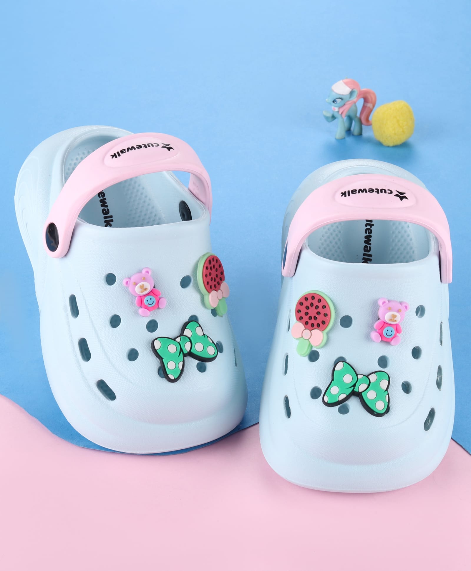Cute Walk by Babyhug Back Strap Clogs with Bow & Bear Applique - Light Blue-picture-26