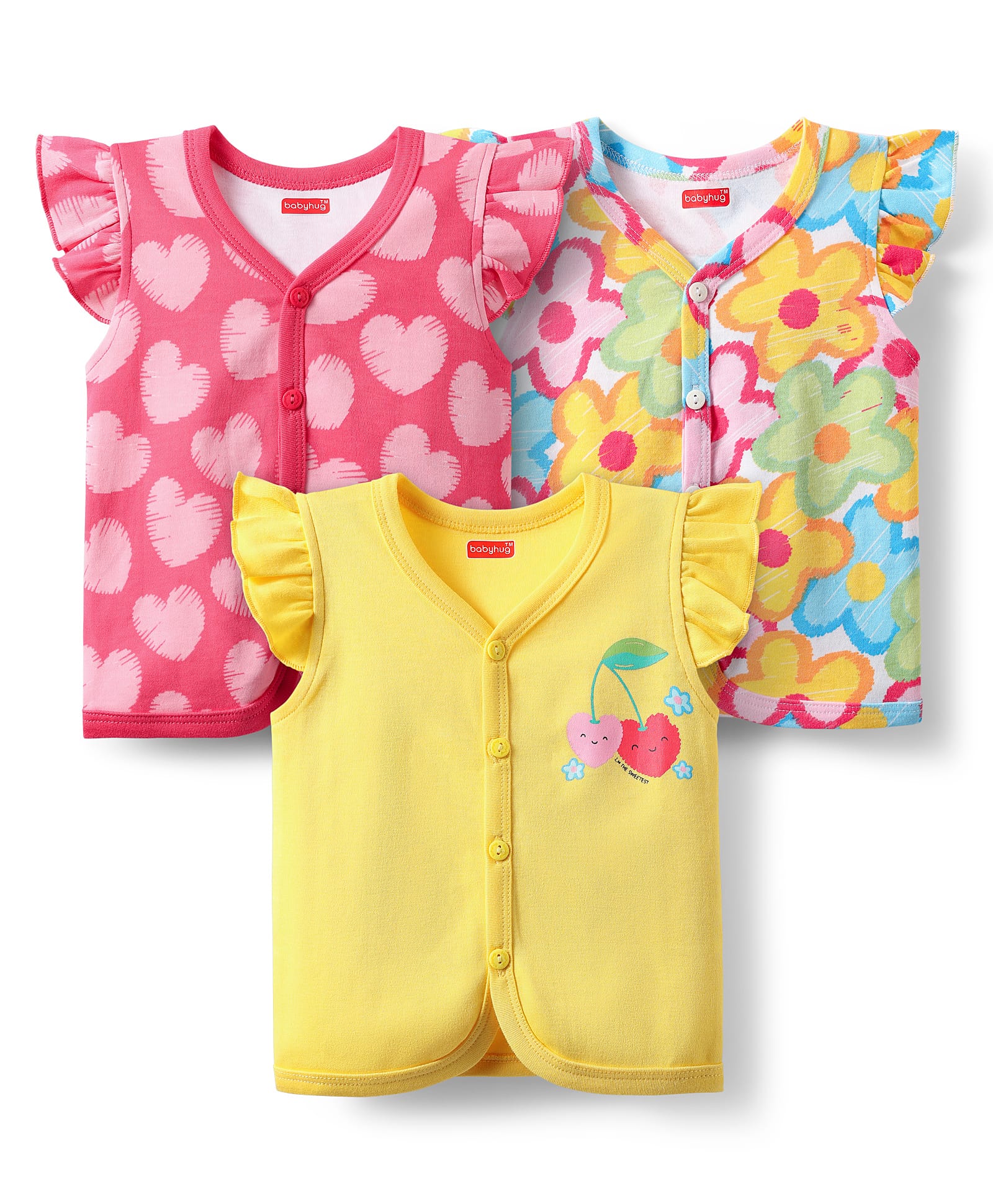 Babyhug 100% Cotton Front Open Frill Sleeves Floral & Hearts Printed Vest Pack Of 3 - Dark Pink Yellow & Light Blue-image-49