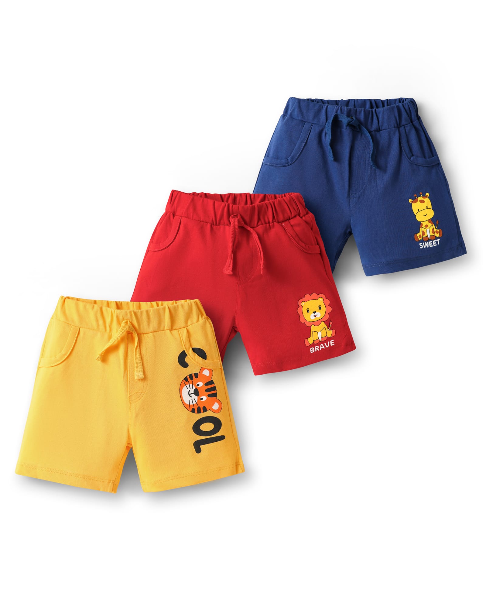 Doodle Poodle 100% Cotton Knit Knee Length Shorts With Animal Print Pack Of 3 - Red Yellow & Navy Blue