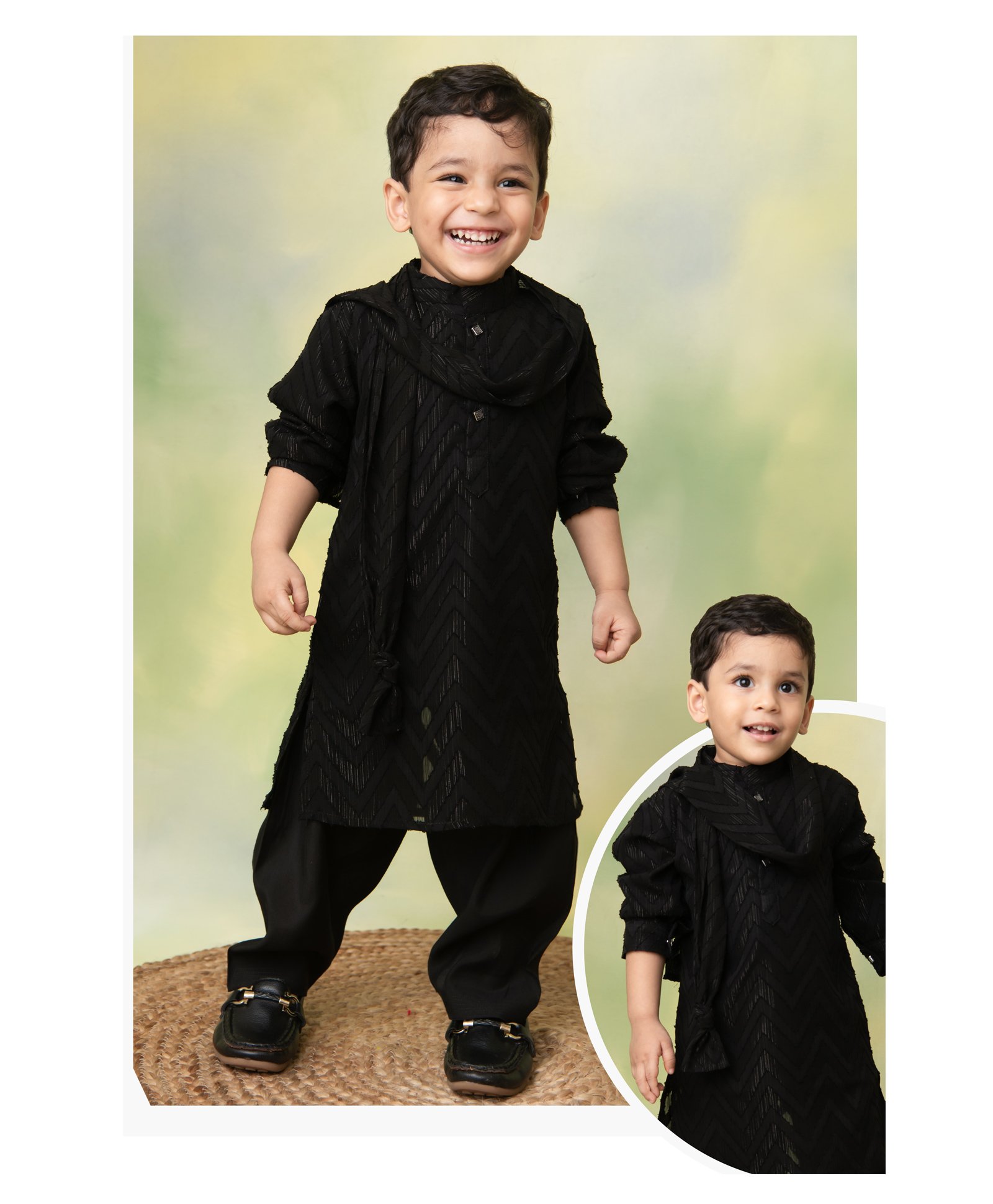 LITTLE COLLARS Blended Full Sleeves Chevron Embroidered Kurta Patiala With Stole Set - Black
