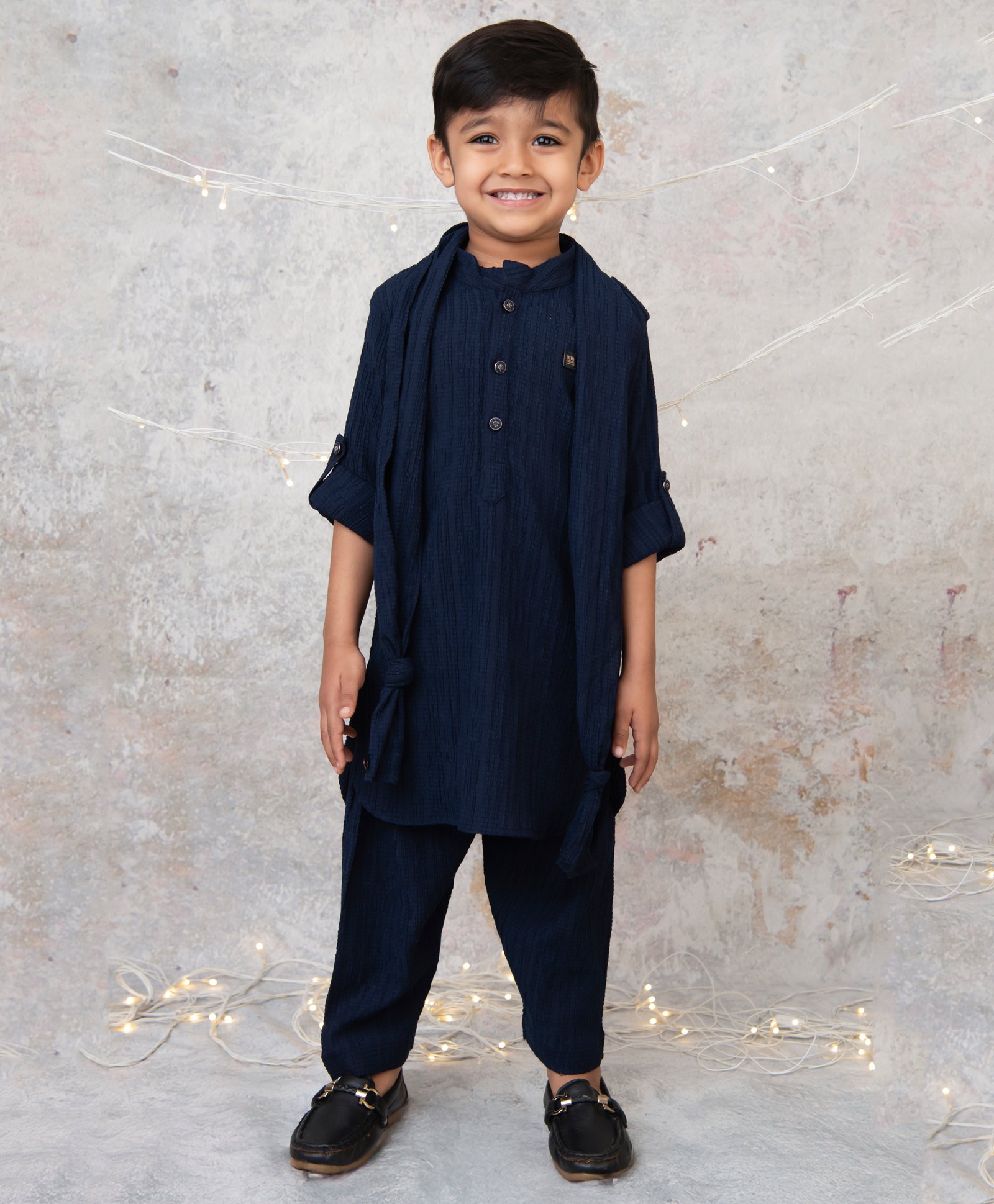 LITTLE COLLARS Blended Full Sleeves Threadwork Embroidered Kurta Patiala With Stole Set - Navy Blue-image-42