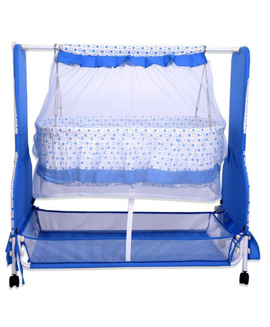 Infanto Cocoon Baby Swing Cradle / Jhula / Palna with Large Storage , 360 Lockable Wheels, Sturdy Frame, Large Mosquito Net, Swing Lock ,Soft cushion mattress- BLUE-picture-26