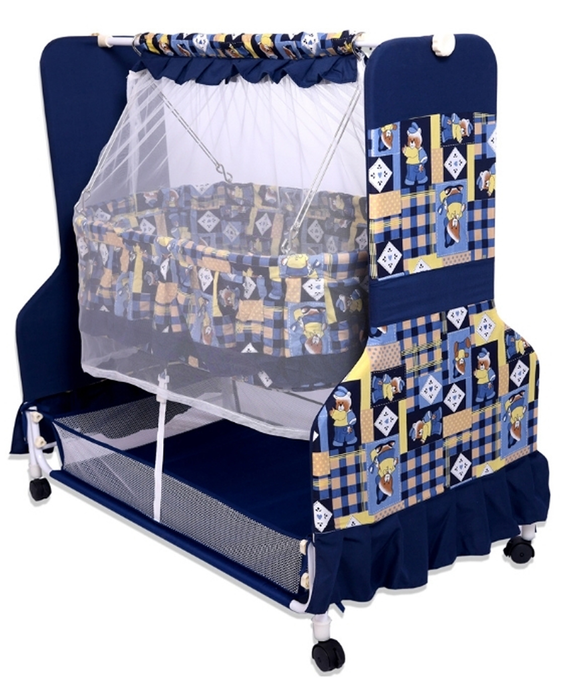 Infanto Cocoon Baby Swing Cradle / Jhula / Palna with Large Storage , 360 Lockable Wheels, Sturdy Frame, Large Mosquito Net, Swing Lock ,Soft cushion mattress- NAVY-image-11