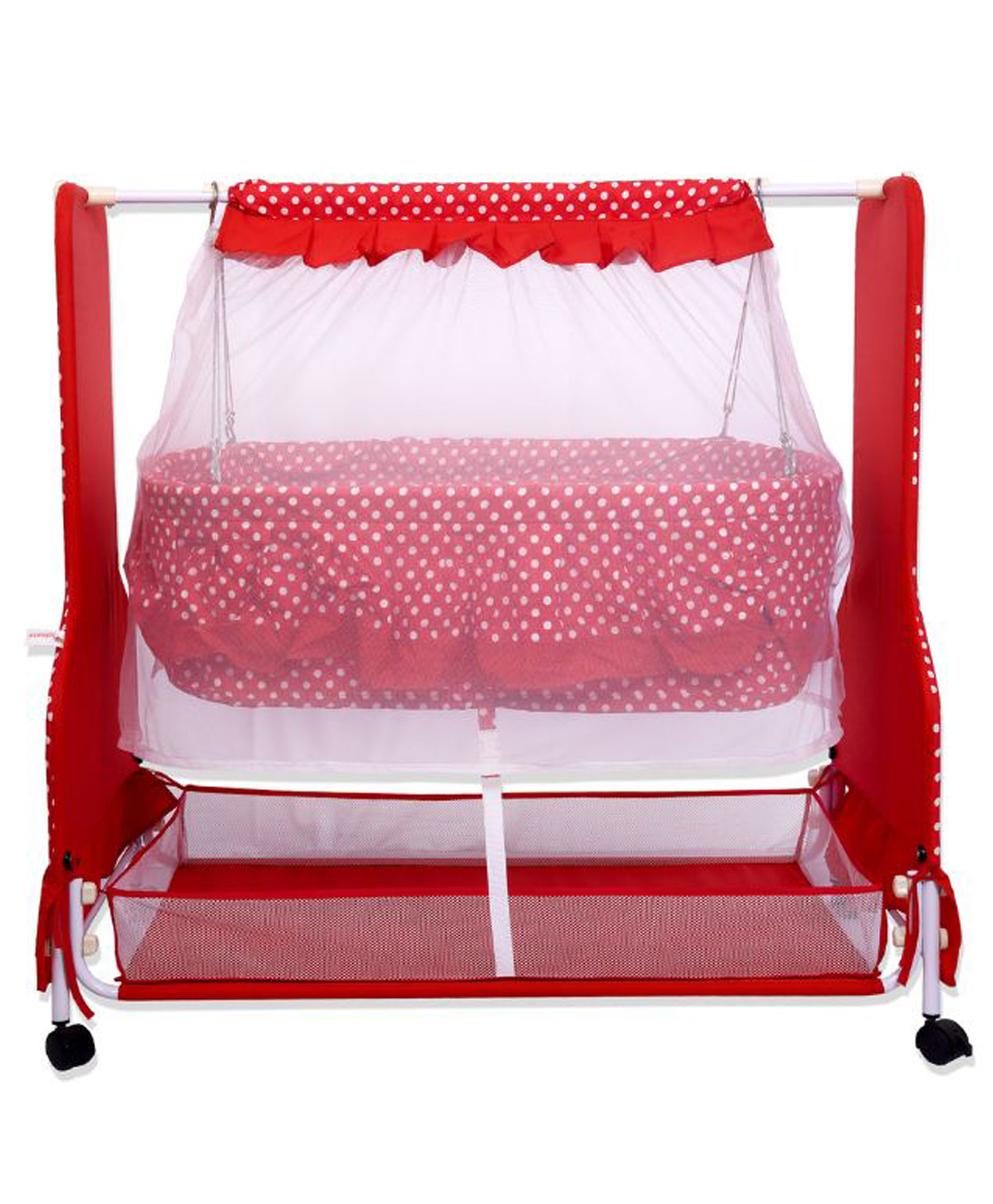 Infanto Cocoon Baby Swing Cradle / Jhula / Palna with Large Storage , 360 Lockable Wheels, Sturdy Frame, Large Mosquito Net, Swing Lock ,Soft cushion mattress- RED-picture-28