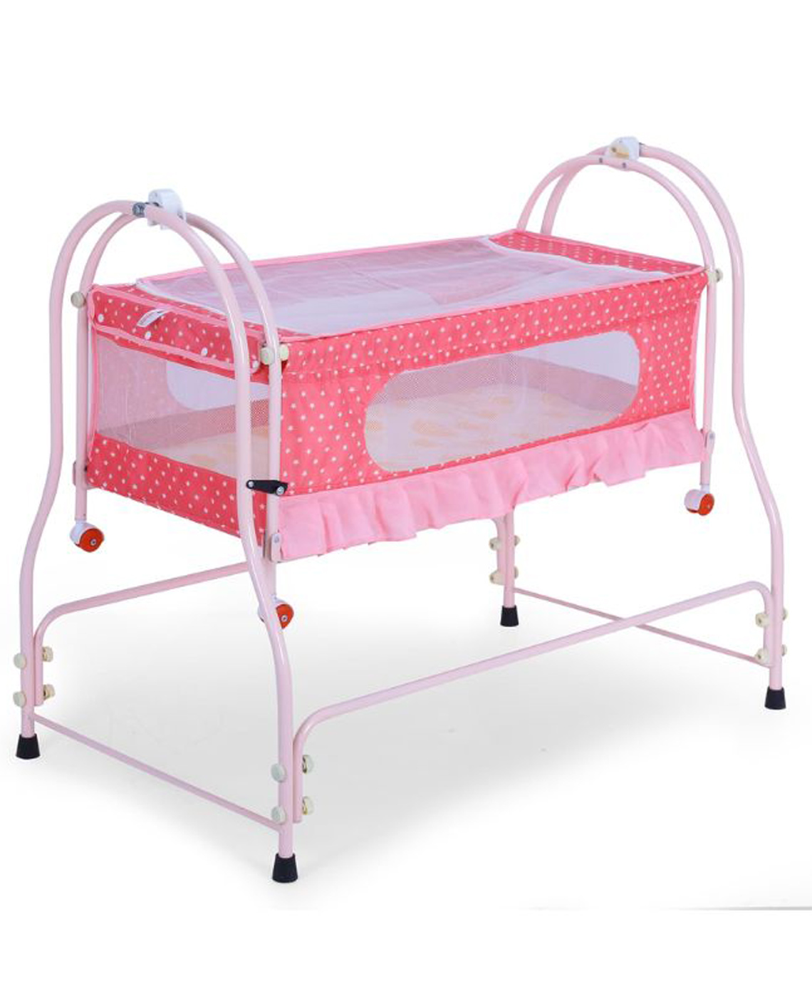 Infanto Prima 2 in 1 Cradle for Babies Metal Frame Net Anti-Skid Pads Swing Lock Wheels for Mobility Soft Fabric Cradle Cot 0 to 12 months PINK-image-5