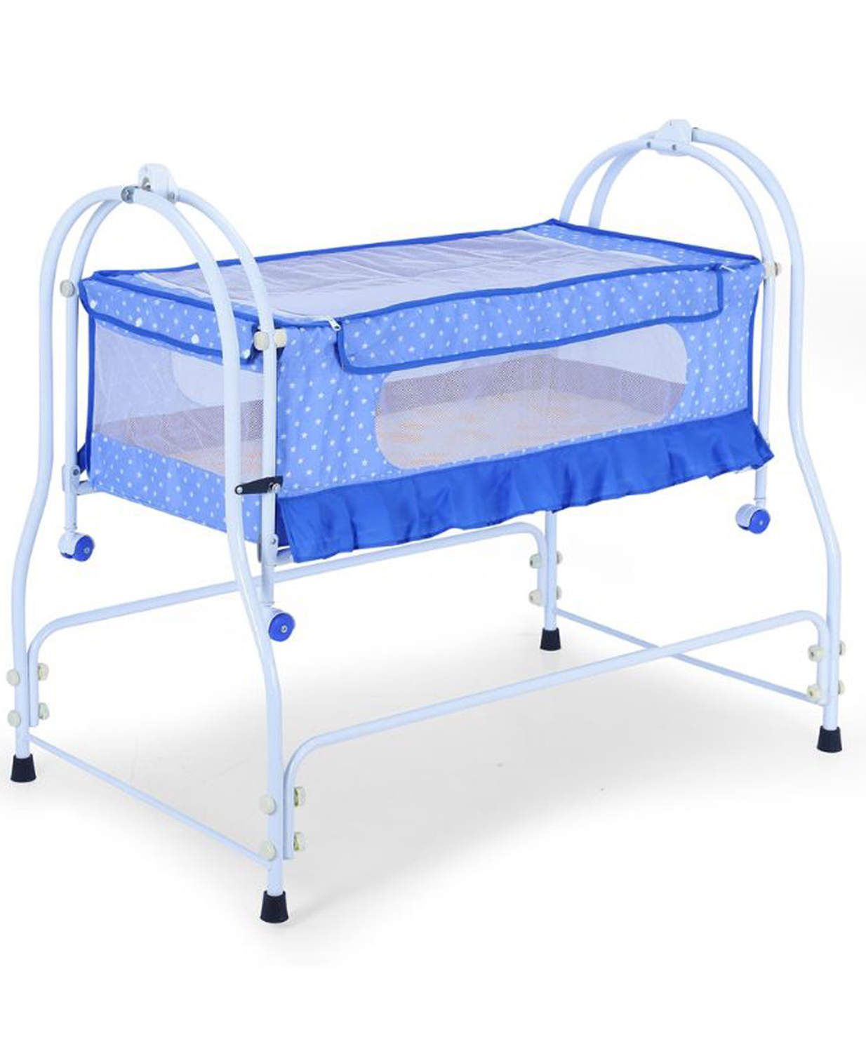 Infanto Prima 2 in 1 Cradle for Babies Metal Frame Net Anti-Skid Pads Swing Lock Wheels for Mobility Soft Fabric Cradle Cot 0 to 12 months BLUE-image-4