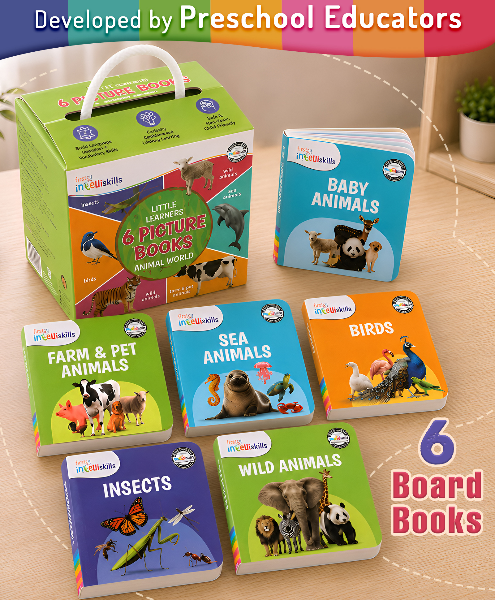 Intelliskills Little Learners 6 Picture Board Books Set-Animal Worls| Farm,Pet,Wild,Sea Animals & Birds |Early Learning Library |Ideal For Gifting |Educator Recommended-image-38
