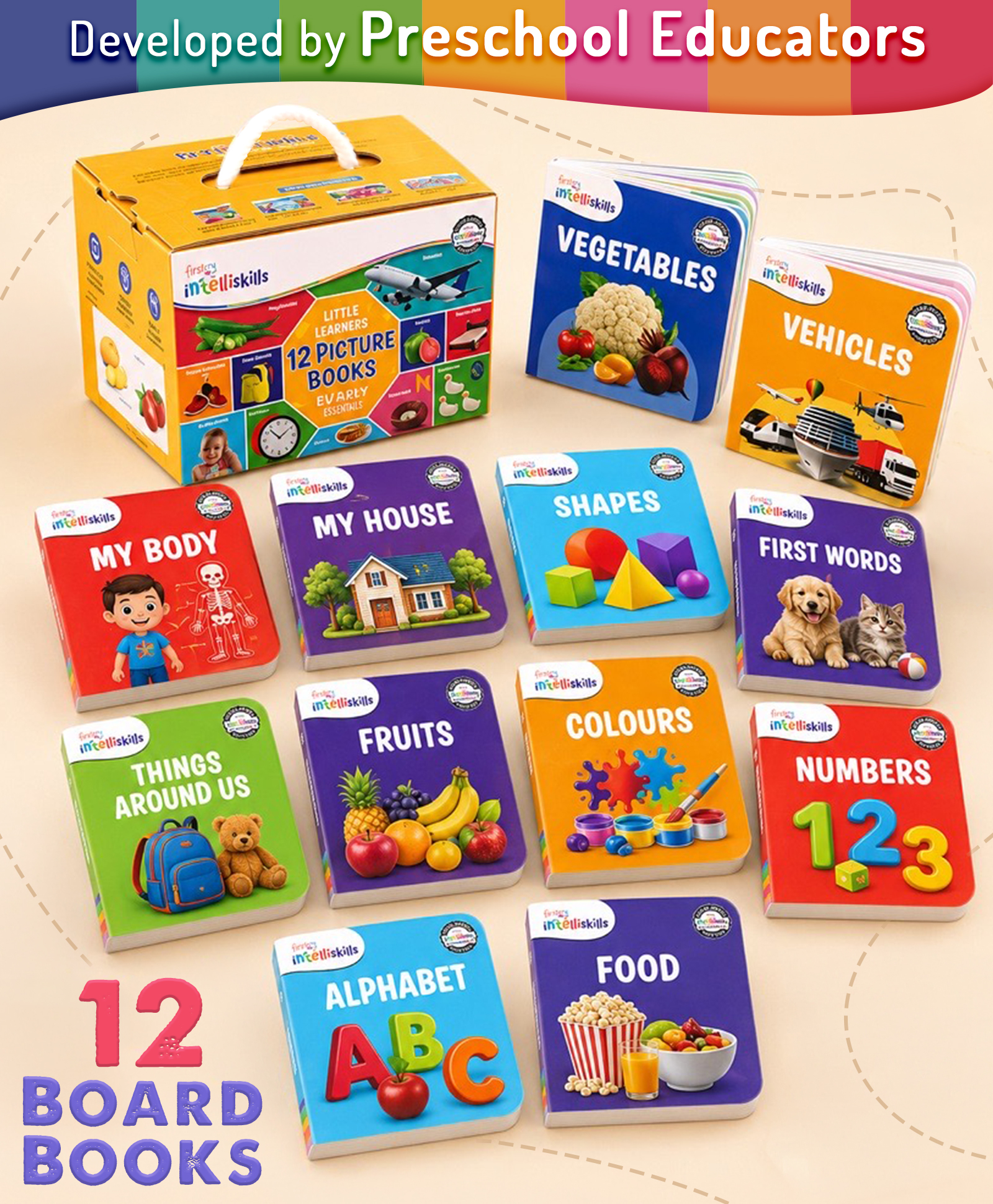 Intelliskills Little Learners 12 Picture Board Books Set Everyday World |Alphabet Numbers Colours Shapes Food Fruits Vehicles |Early Learning Library |Ideal For Gifting |Educator Recommended- English-image-10