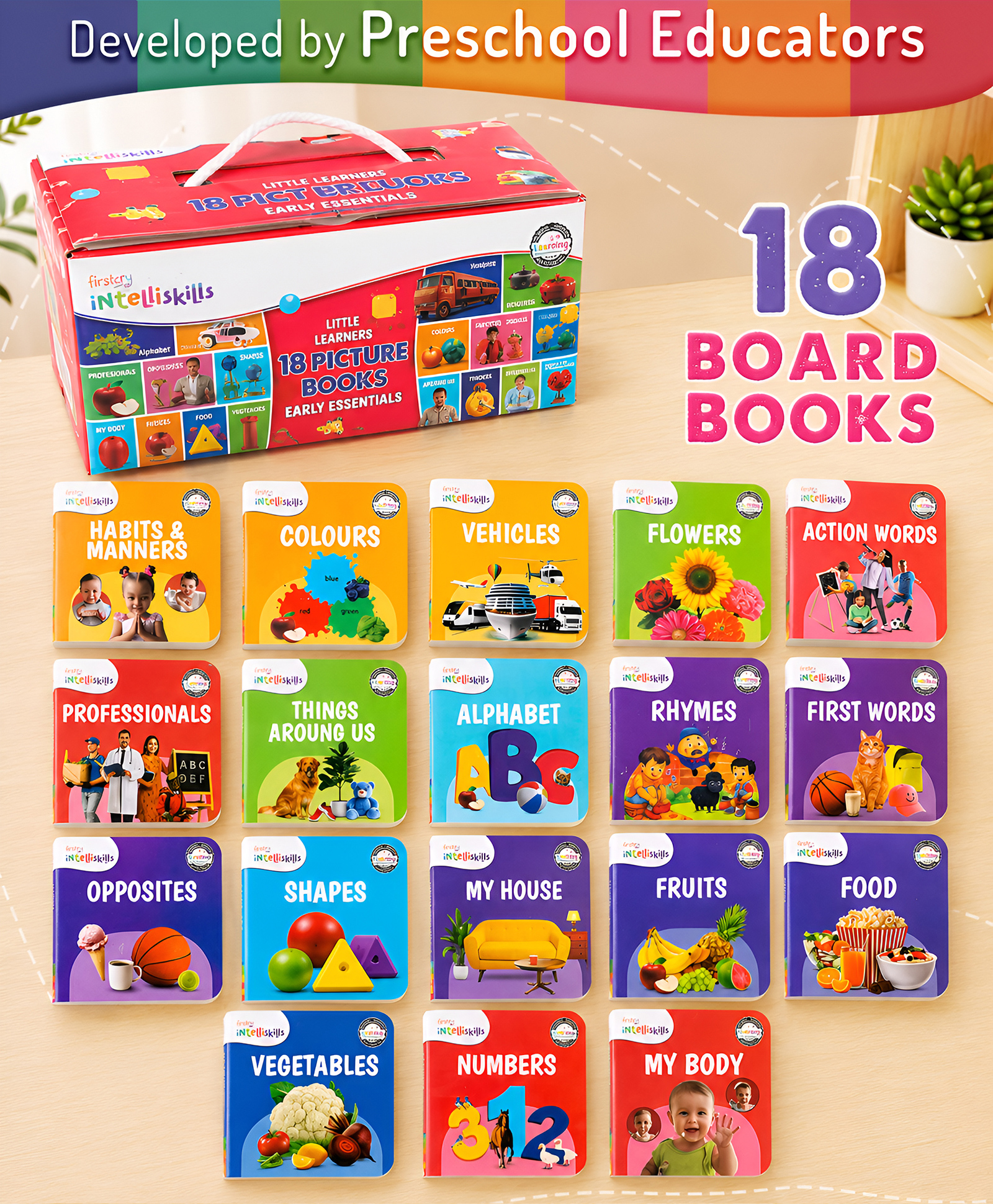 Intelliskills Little Learners 18 Picture Board Books Set-Early Essentials Alphabet Numbers Colours Shapes Fruits Vehicles|Early Learning Collection |Ideal For Gifting |Educator Recommended- English-image-15
