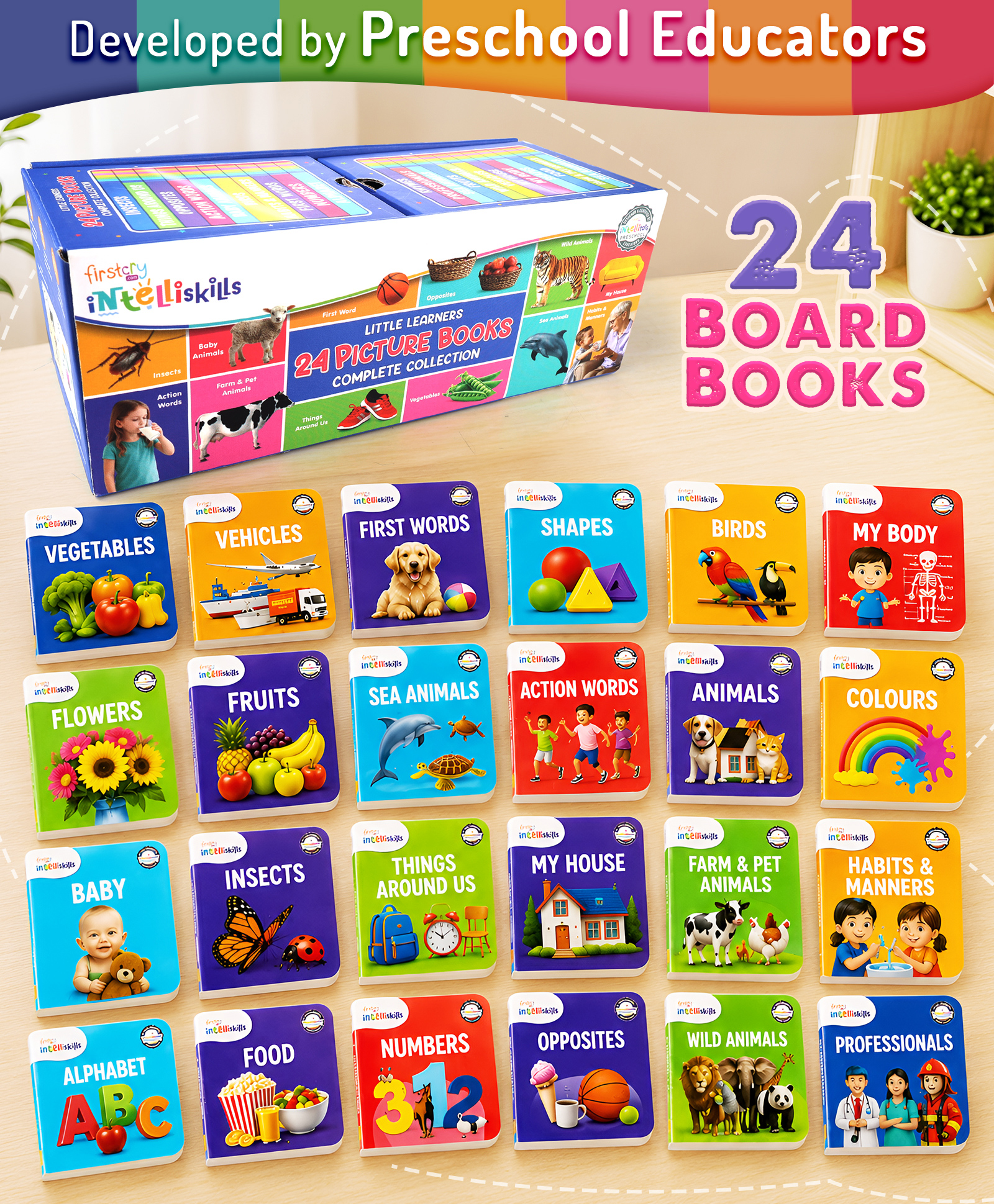 Intelliskills Little Learners 24 Picture Board Books Set Complete Collection| Alphabets Numbers Shapes Animals Habits Rhymes|Early Learning Library |Ideal For Gifting |Educator Recommended - English-image-35