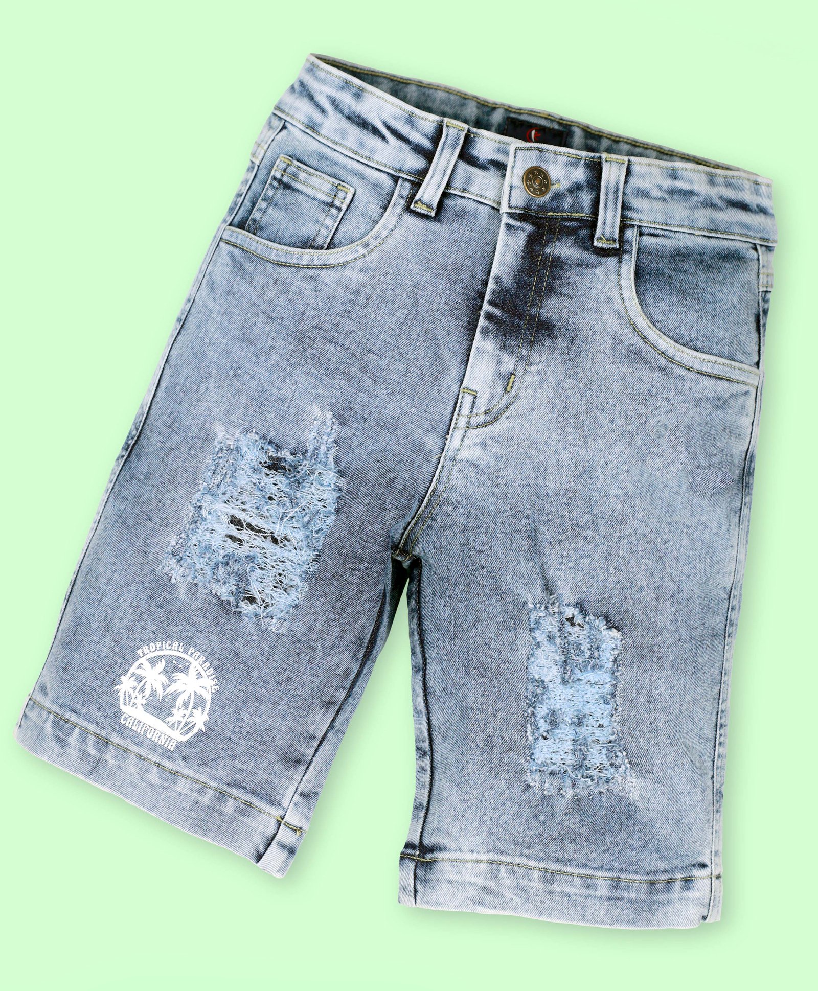 Kiddopanti Denim Tropical Paradise Text Printed Distressed Shorts - Light Blue-picture-14