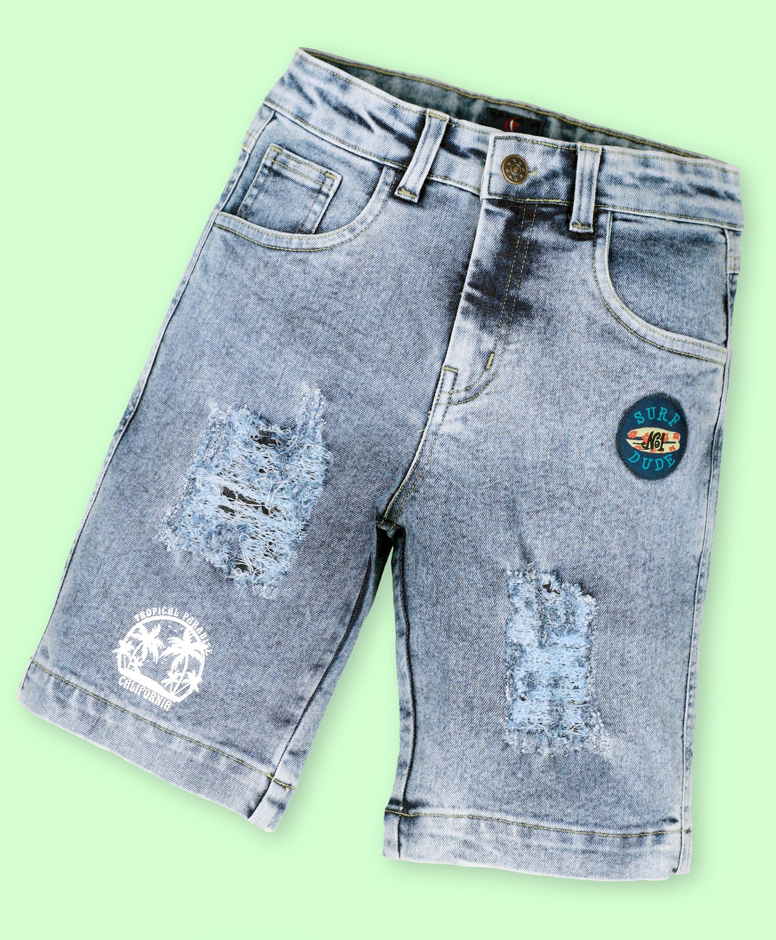 Kiddopanti Denim No 1 Surf Dude Text Patch Detailed Distressed Shorts - Light Blue-image-8