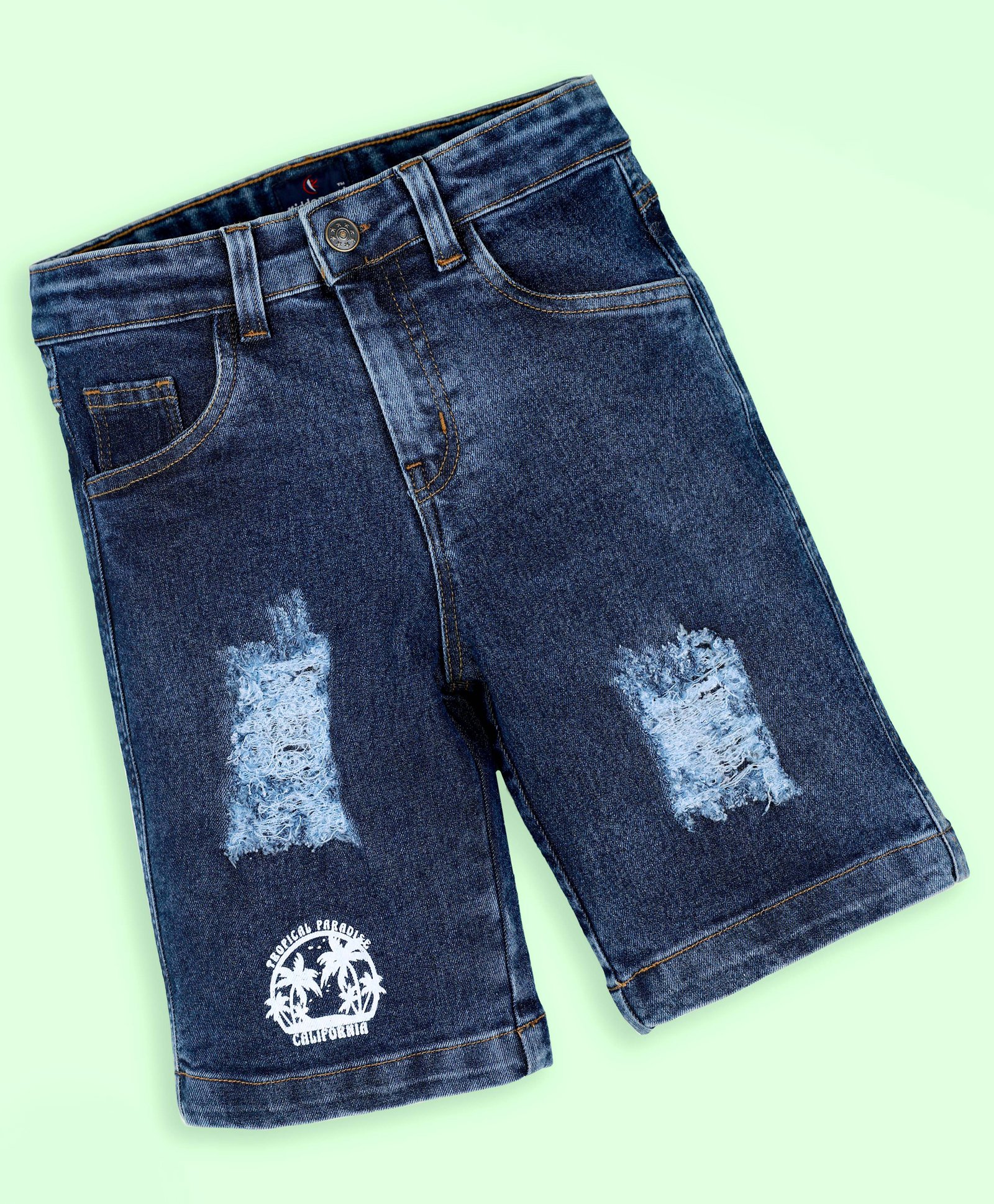 Kiddopanti Denim Tropical Paradise Text Printed & Distressed Shorts - Dark Blue-picture-13