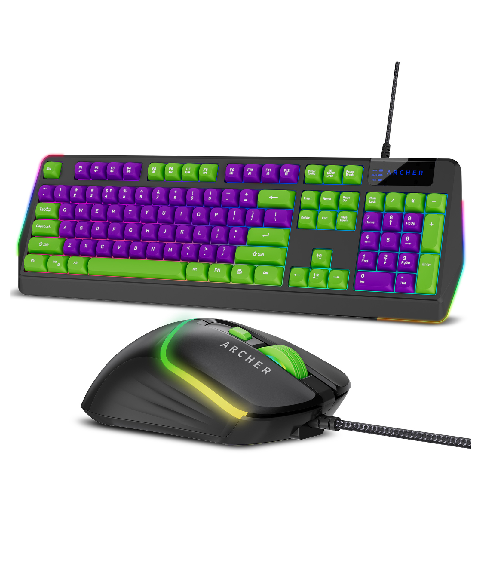 Archer Tech Lab G200 Wired RGB Gaming Keyboard and Mouse Combo with 104 Keys, 19 Anti-Ghosting, RGB Modes,7200 DPI Mouse,13 Lighting Modes, Durable Braided Cables, Windows Compatibility (GRN-PUR)-picture-11