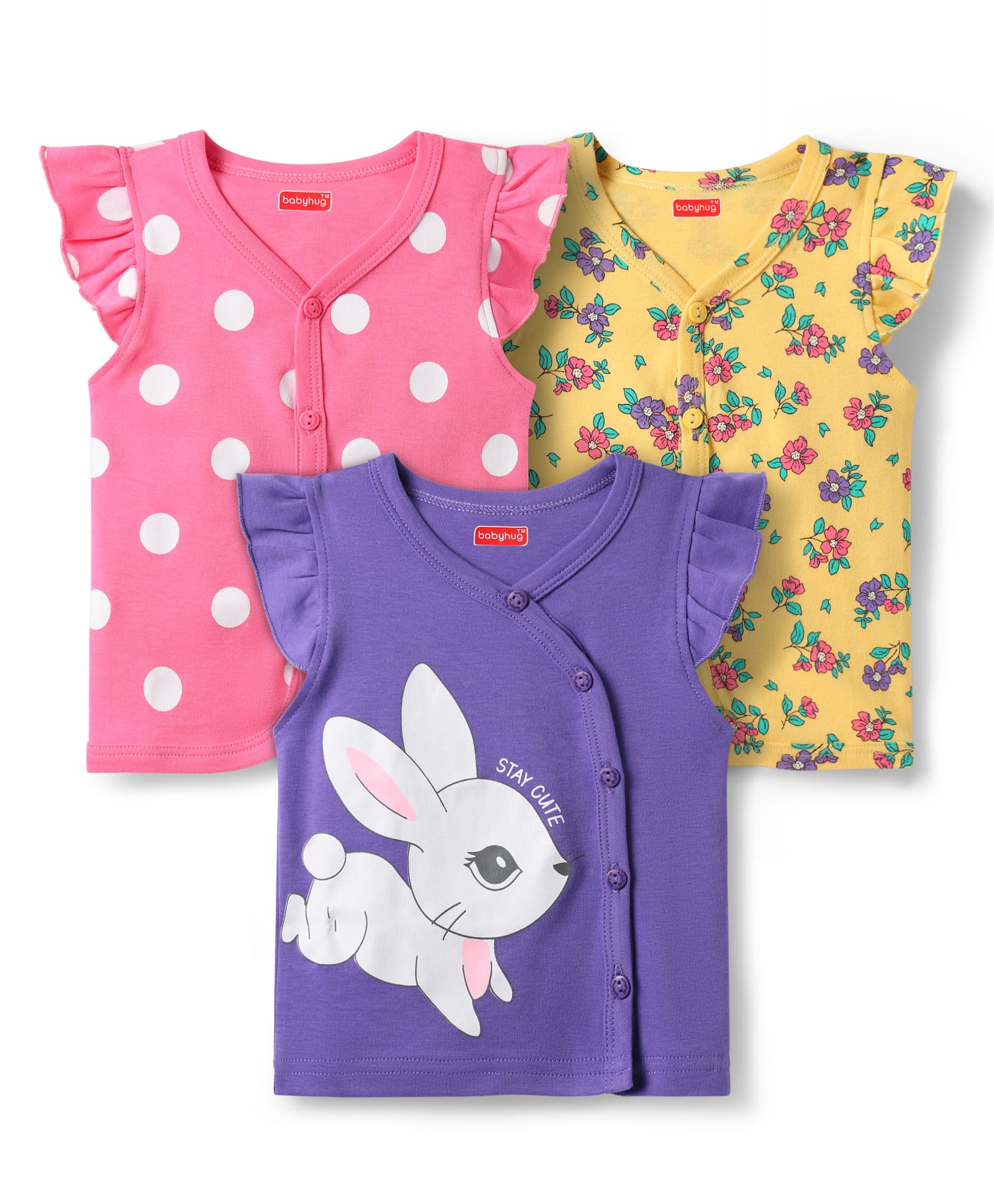 Babyhug 100% Cotton Interlock Knit Frill Sleeves Front Open Vest With Polka Dots & Floral Print Pack Of 3 - Purple Yellow & Pink-picture-16