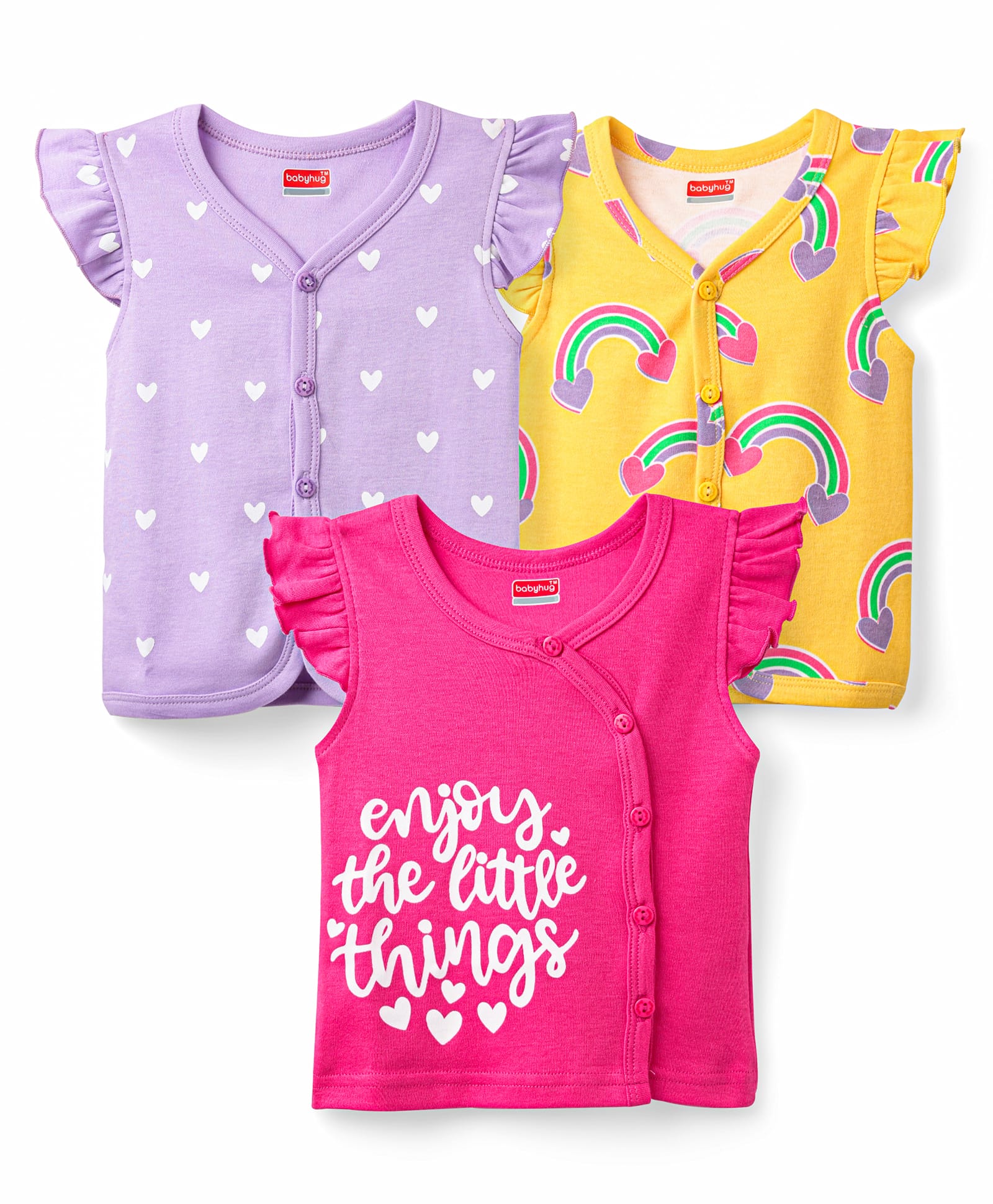 Babyhug 100% Cotton Knit Frill Sleeves Rainbow & Heart Printed Front Open Vests Pack of 3 - Dark Pink Yellow & Lavender-image-45