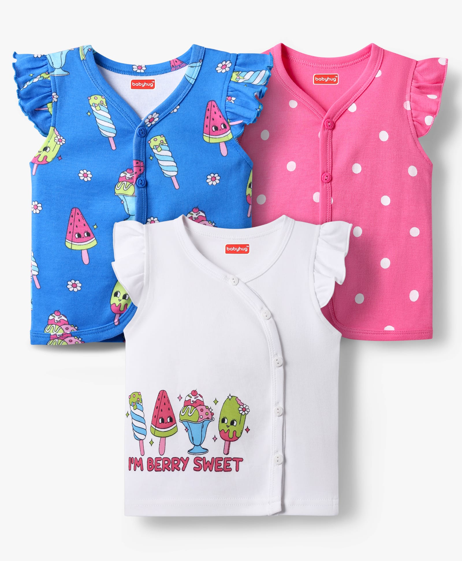 Babyhug 100% Cotton Interlock Knit Front Open Vests With Polka Dot & Ice Cream Print Pack Of 3 - White Blue & Pink-image-46