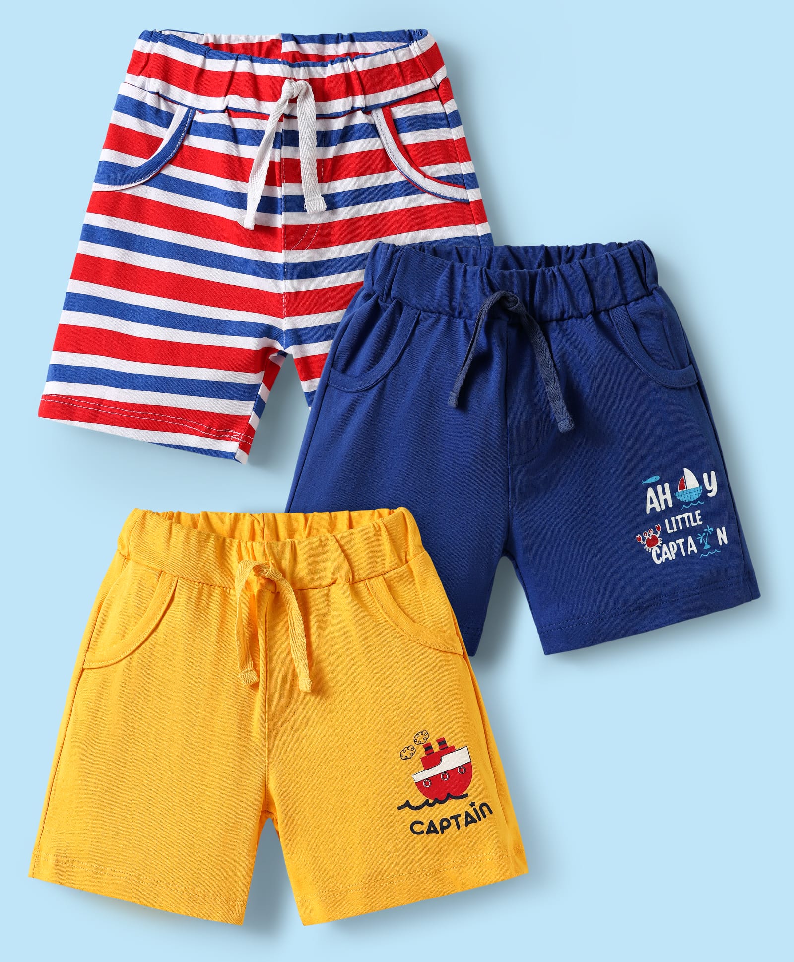 Doodle Poodle 100% Cotton Knee Length Shorts With Stripes & Nautical Print Pack Of 3 - Yellow Navy Blue & Red