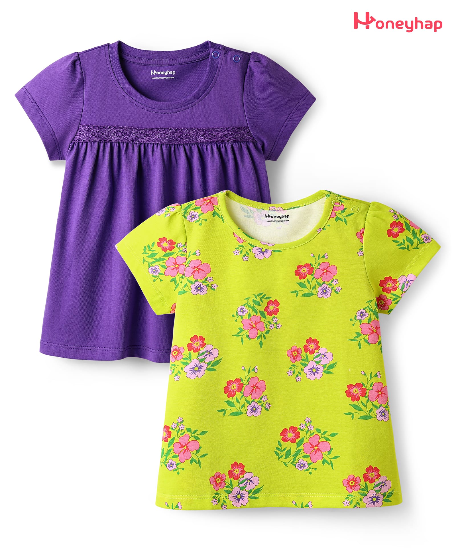 Honeyhap 100% Cotton Knit Bio Wash Half Sleeves Tops with Floral Print Pack of 2 - Evening Primrose & Deep Lavender