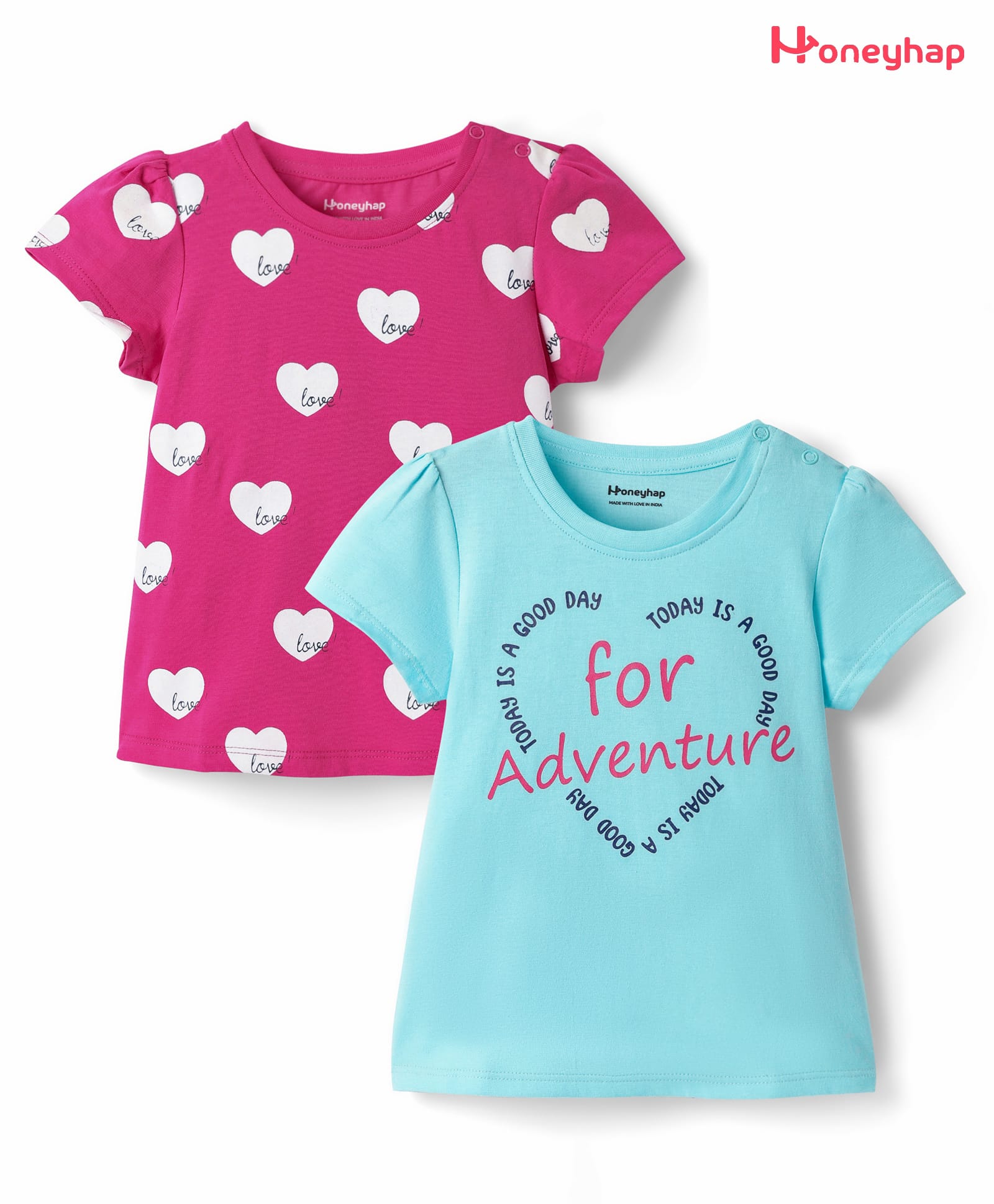 Honeyhap Premium 100% Cotton Knit With Bio Finish Half Sleeves Tops with Heart & Adventure Text Print Pack of 2 - Water Ballet & Phlox Pink-image-16
