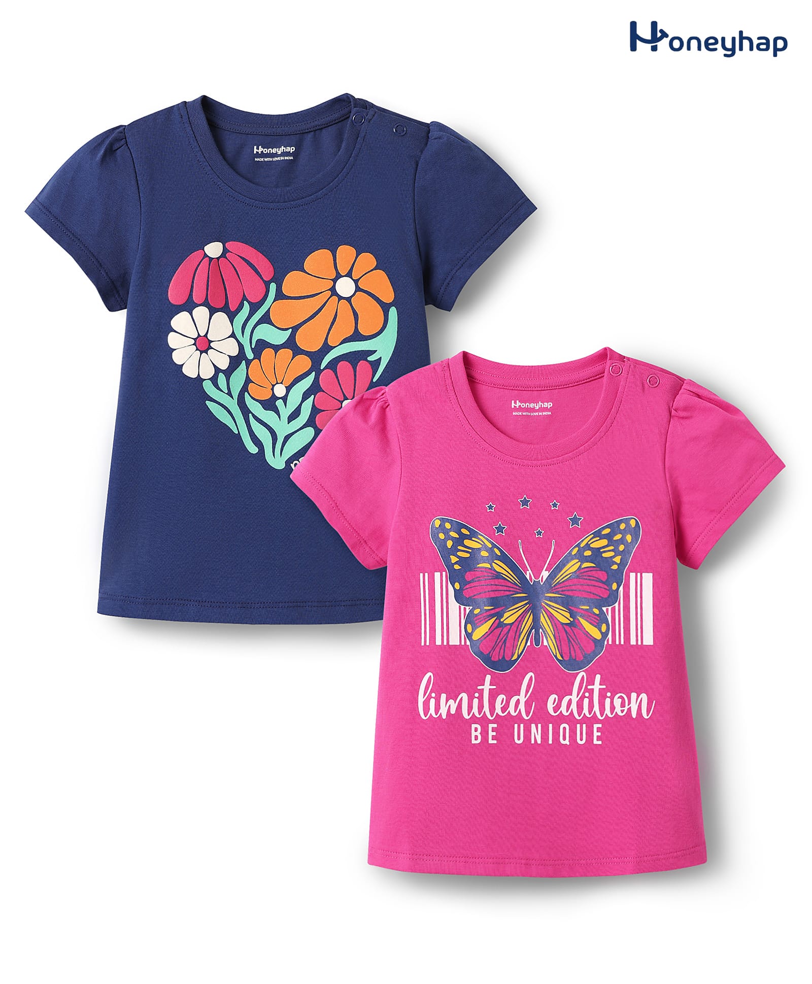 Honeyhap Premium 100% Cotton Knit With Bio Finish Half Sleeves Tops with Heart & Adventure Text Print Pack of 2 - Phlox Pink & Limoges-image-15