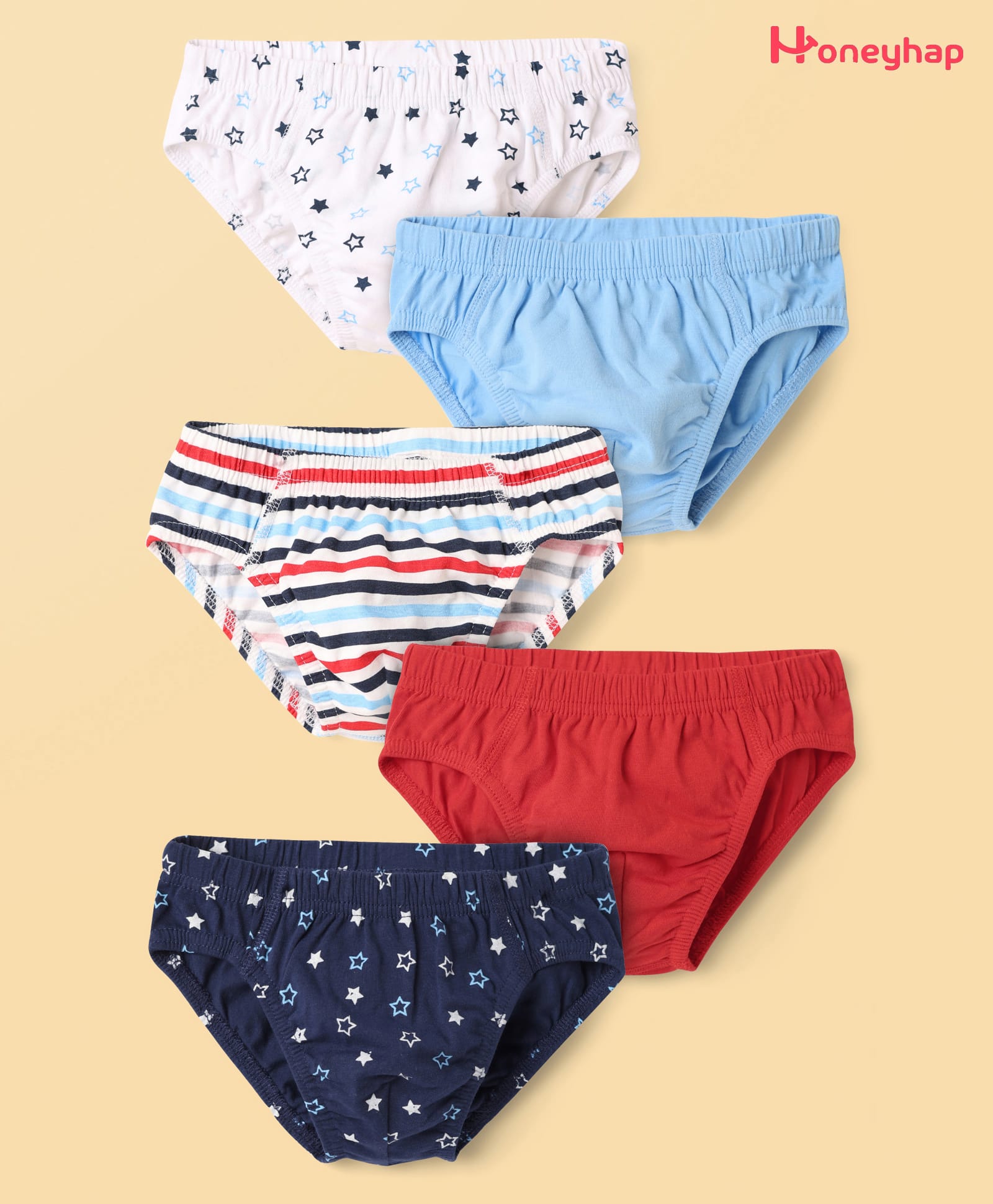 Honeyhap Premium 100% Cotton Knit Bio Finish Briefs With Stripes & Star Print Pack Of 5 - Baltic Sea Navy Peony & Bright White-image-33