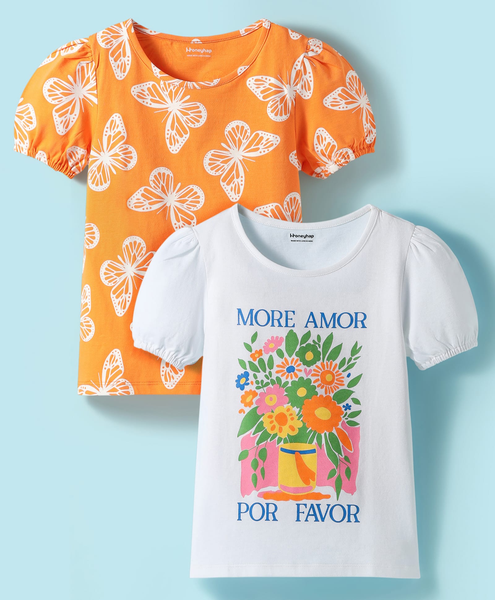 Honeyhap Premium 100% Cotton Knit Bio Finish Half Sleeves Tops With Butterfly & Floral Print Pack of 2 - Blazing Orange & Bright White-image-49