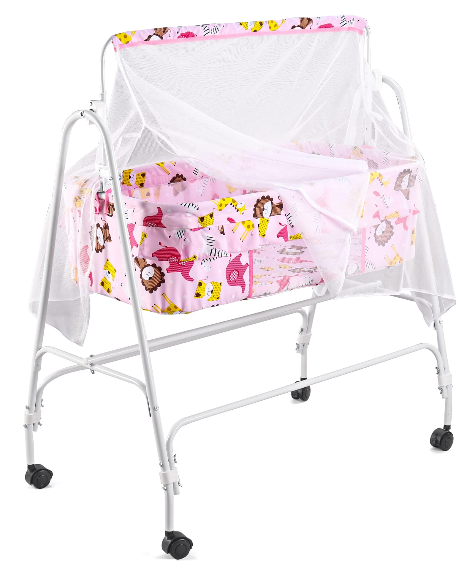 Baby Cradle with Mosquito Net & Wheels - Pink-image-28