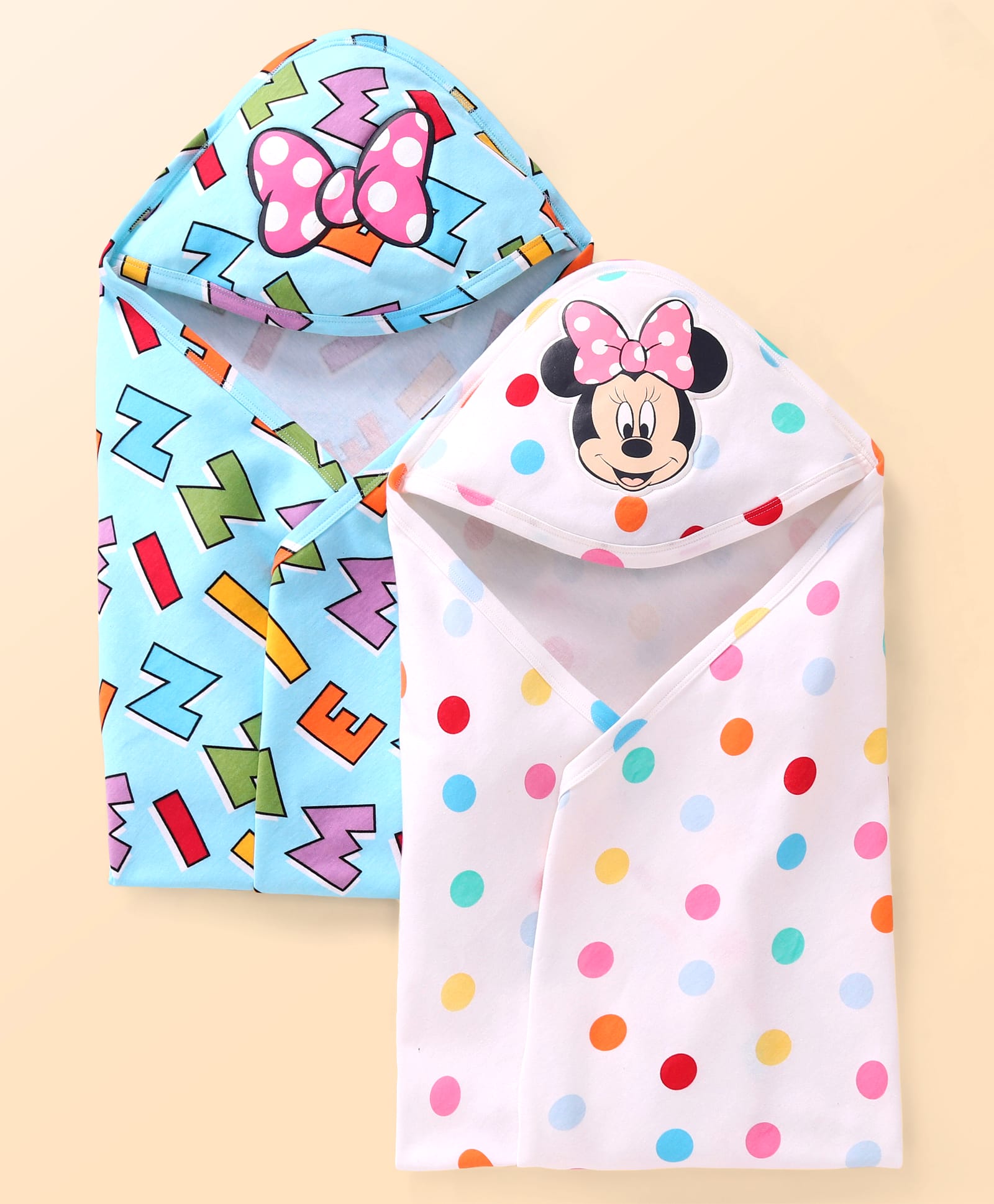 Babyhug Disney 100% Cotton Hooded Towels With Minnie Mouse & Family Graphics L 79 x B 80 cm Pack Of 2 -Turquoise & White-image-4