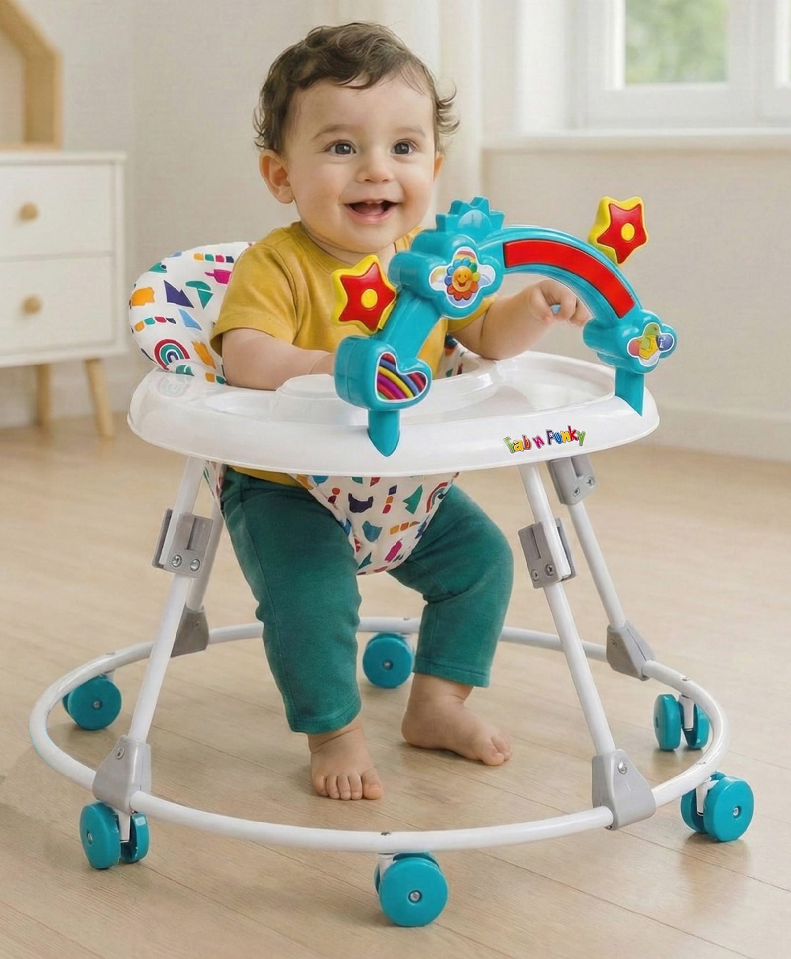 fab n funky Foldable Round Baby Walker With Music & Light & Detachable Toy Bar -White-picture-28