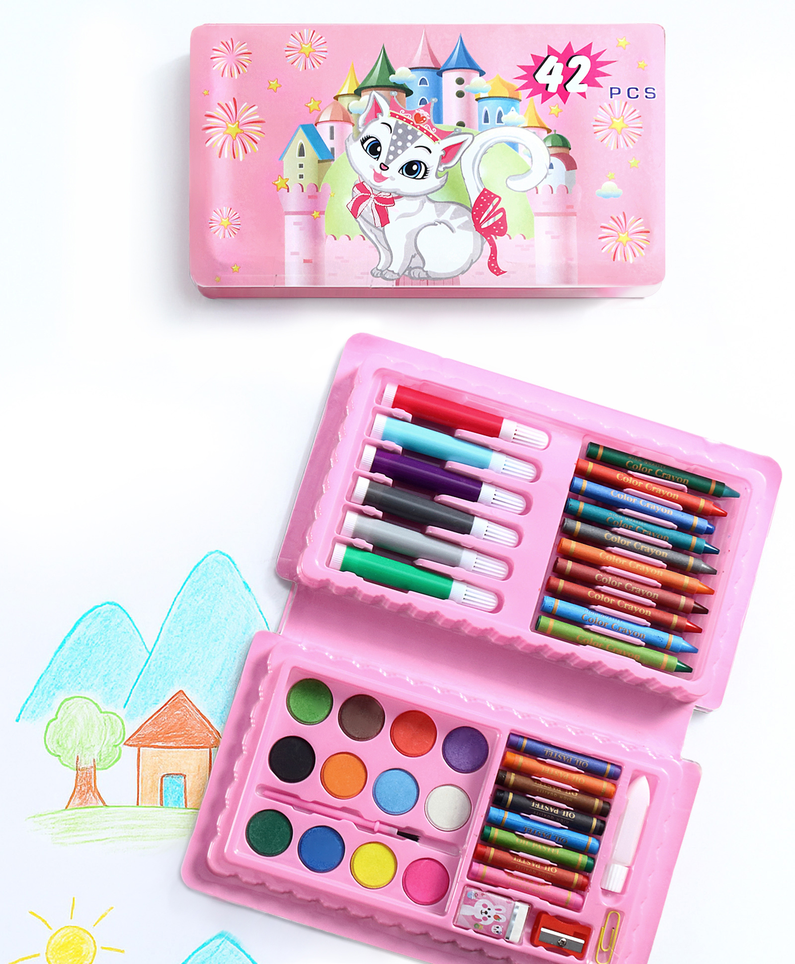 Kitten Printed Color Set for Drawing & Painting Portable Art Box Best Return Gift 42 Pieces - Pink-image-41
