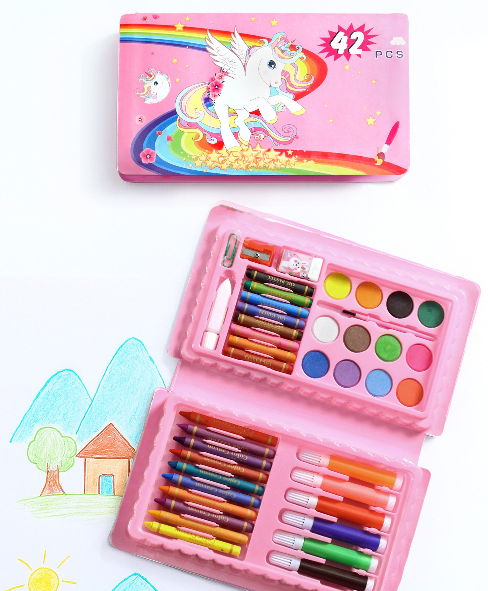 Unicorn Printed Color Set for Drawing & Painting Portable Art Box Best Return Gift 42 Pieces - Pink-image-40