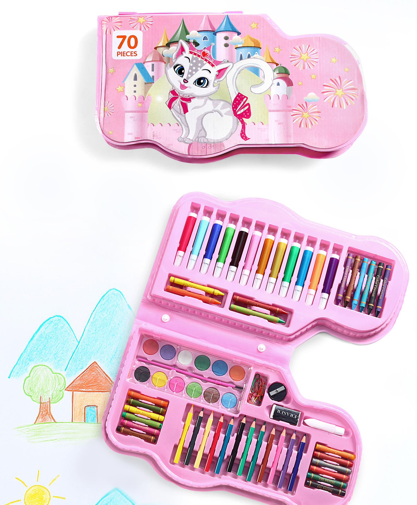 Vehicle Shaped Animal Printed Color Set for Drawing & Painting Portable Art Box Best Return Gift 70 Pieces - Pink