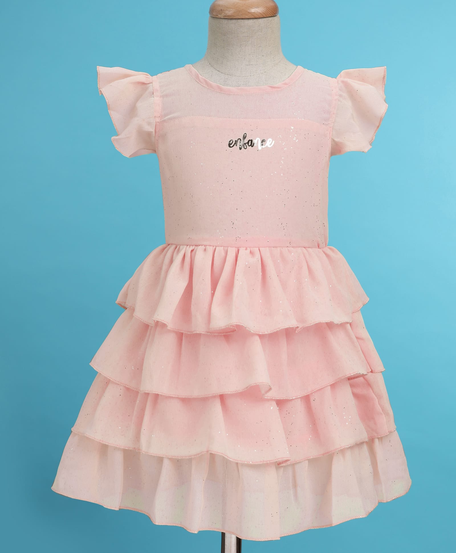 Enfance Cap Sleeves Brand Name Foil Printed Layered Knee Length Dress - Peach-image-49