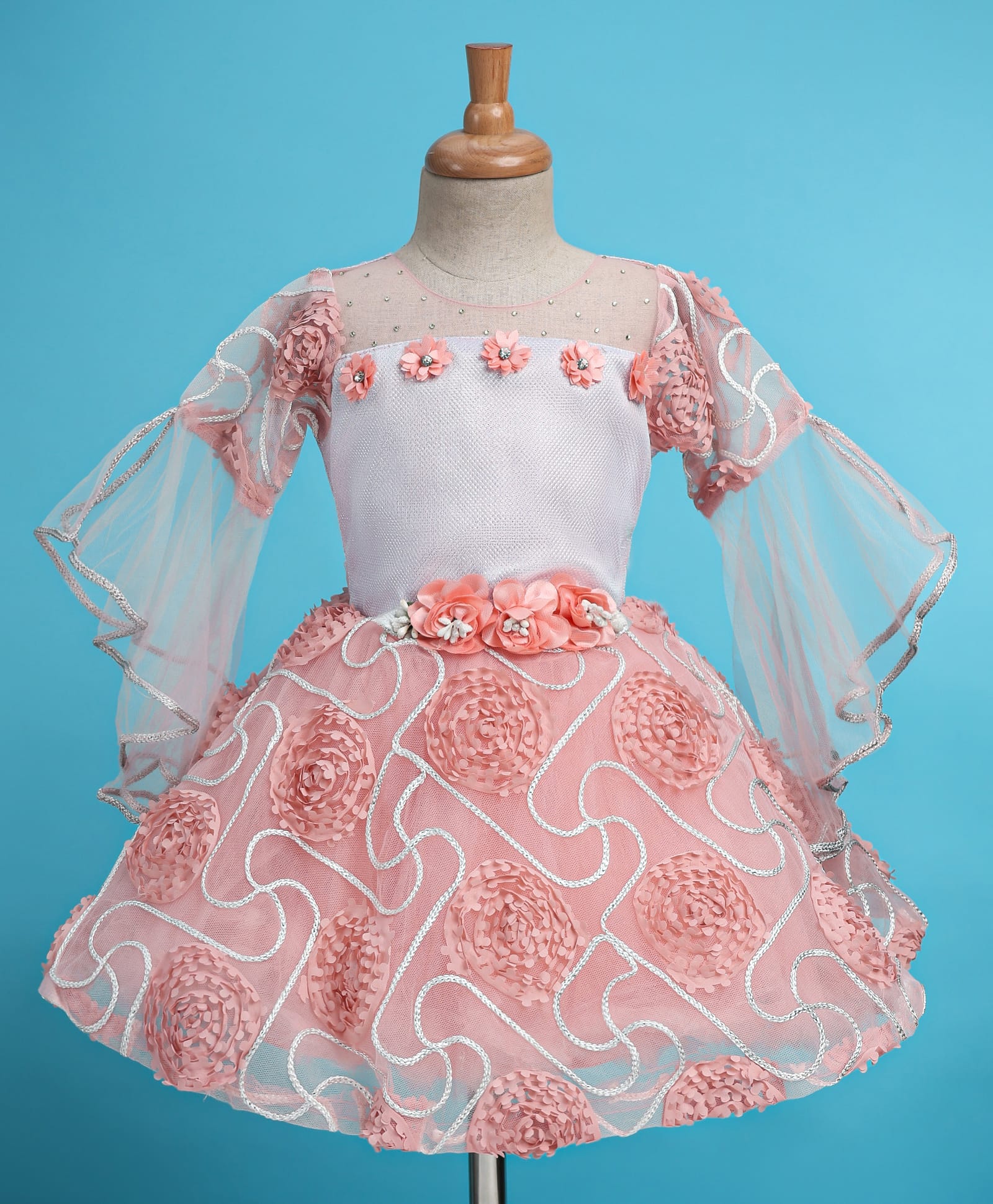 Enfance Full Bell Sleeves Floral Applique Detailed Knee Length Dress - Peach-image-17