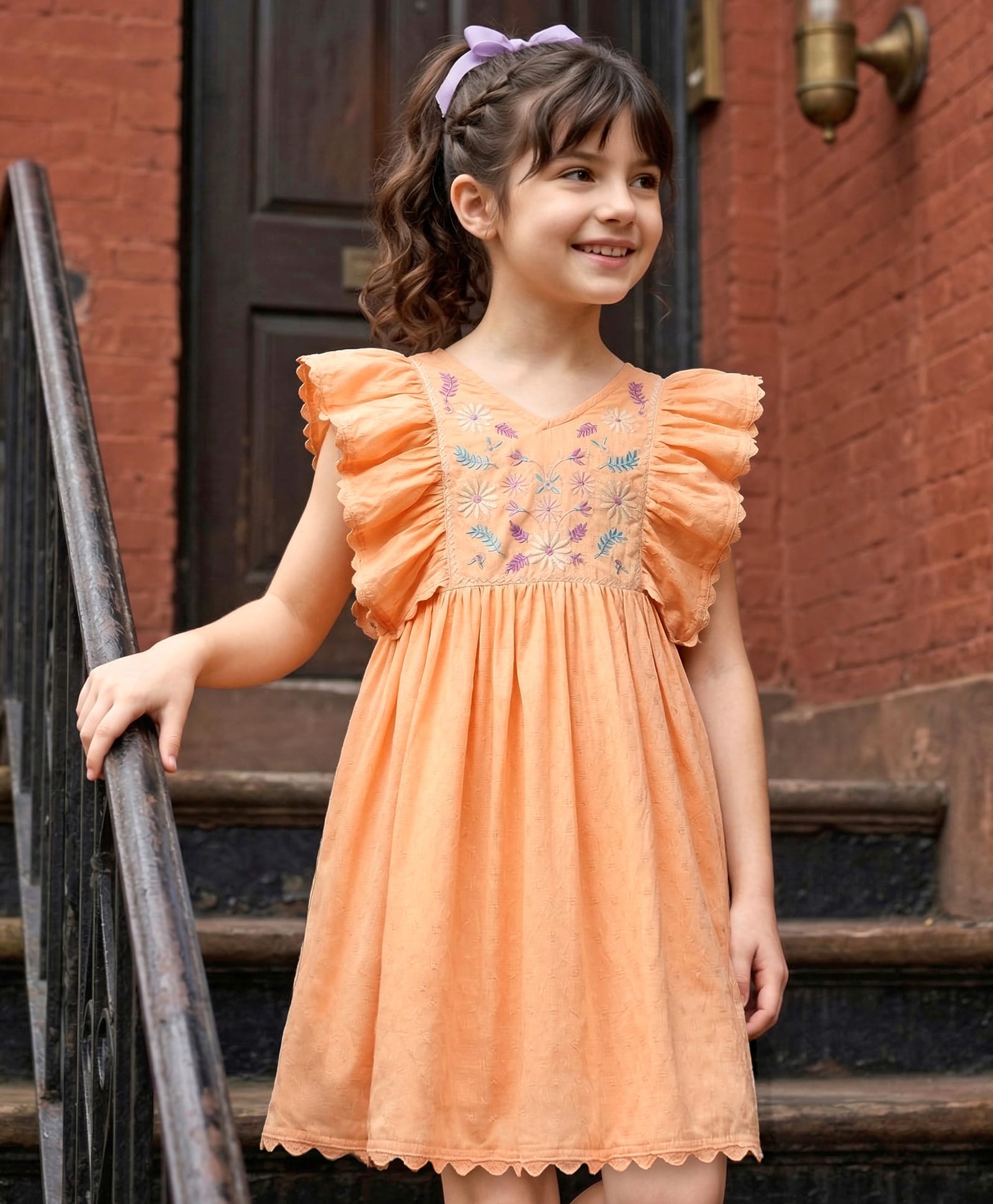 Kookie Kids Dobby Woven Frill Sleeves Frock With Floral Embroidery - Light Orange-image-31