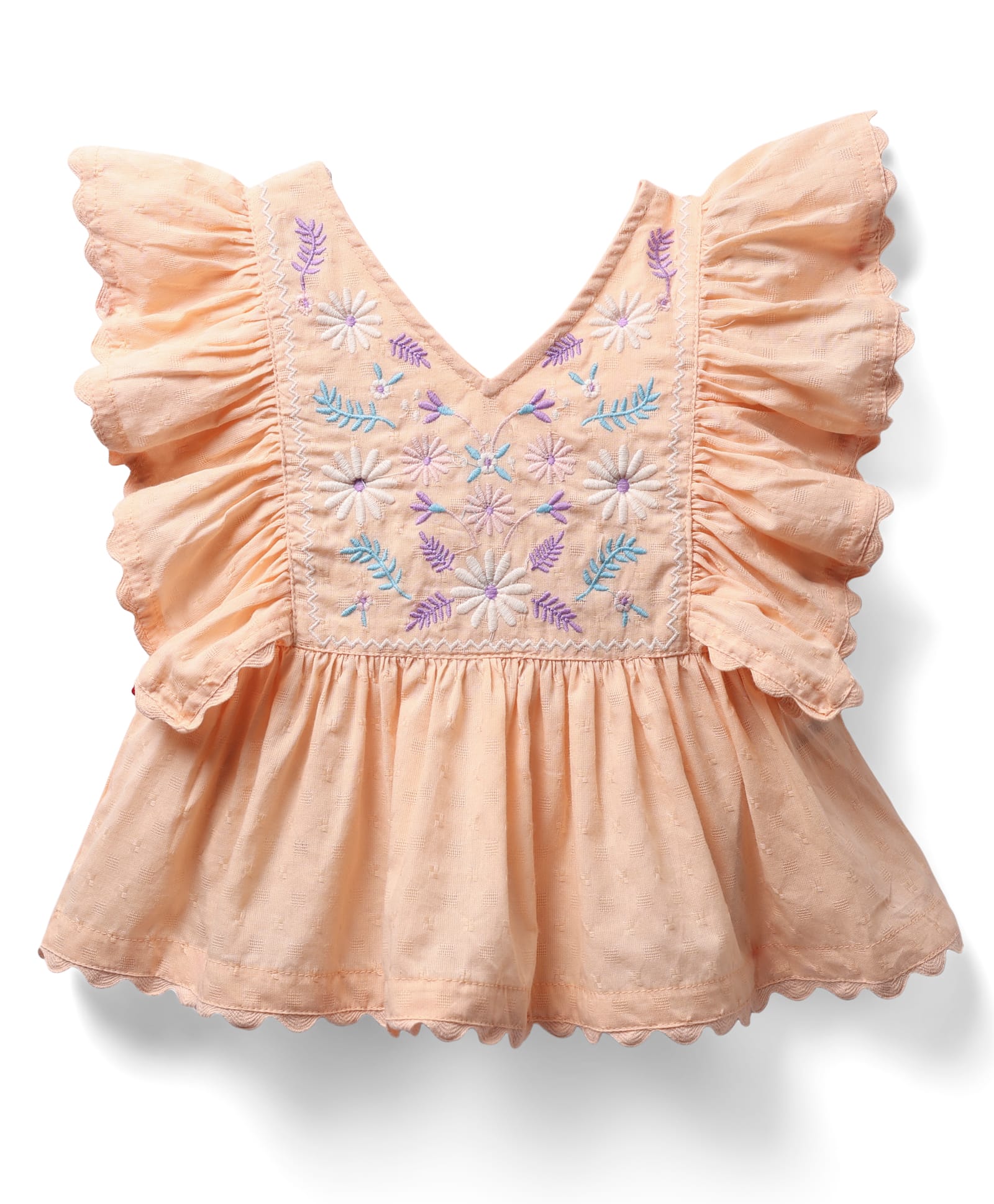 Kookie Kids Cotton Woven Frill Sleeves V Neck Top With Front Floral Embroidery - Light Orange