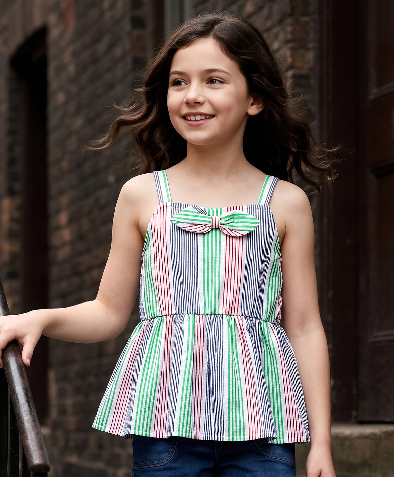 kookie kids india Kookie Kids Cotton Woven Sleeveless Top With Stripes & Bow Applique - Light Blue-picture-25