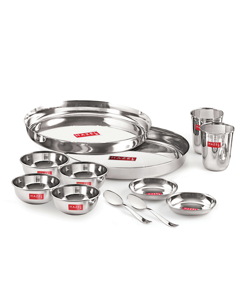 HAZEL Stainless Steel Dinner Set Of 12 | Dinner Set Steel (2 Steel Plate, 2 Steel Glass, 4 Bowl, 2 Spoon, 2 Dessert Plate) 12 Pieces, Silver-picture-13