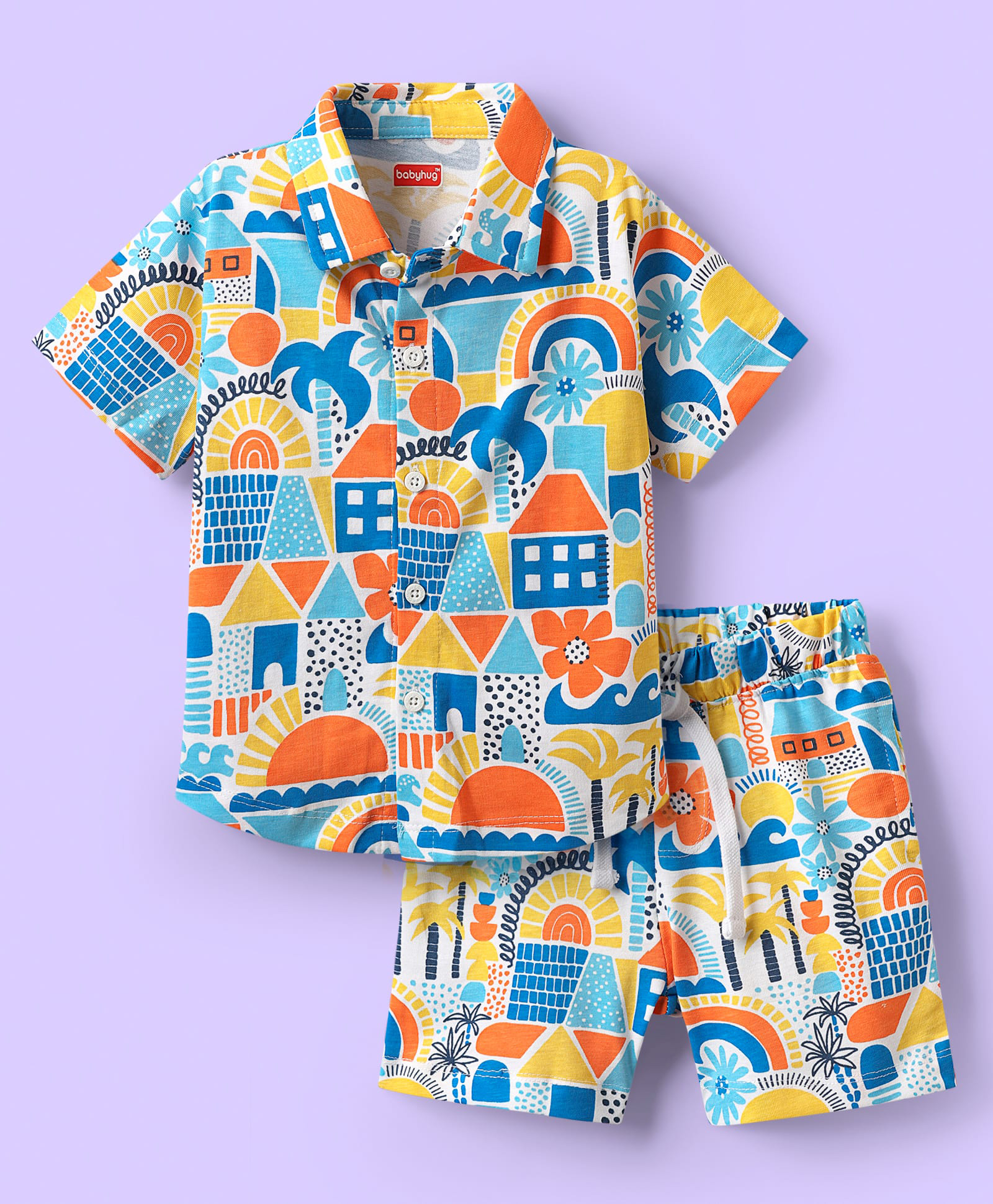 Babyhug Single Jersey Knit Half Sleeves Shirt & Shorts Co-ord Set with Tropical Print - Light Blue-picture-38