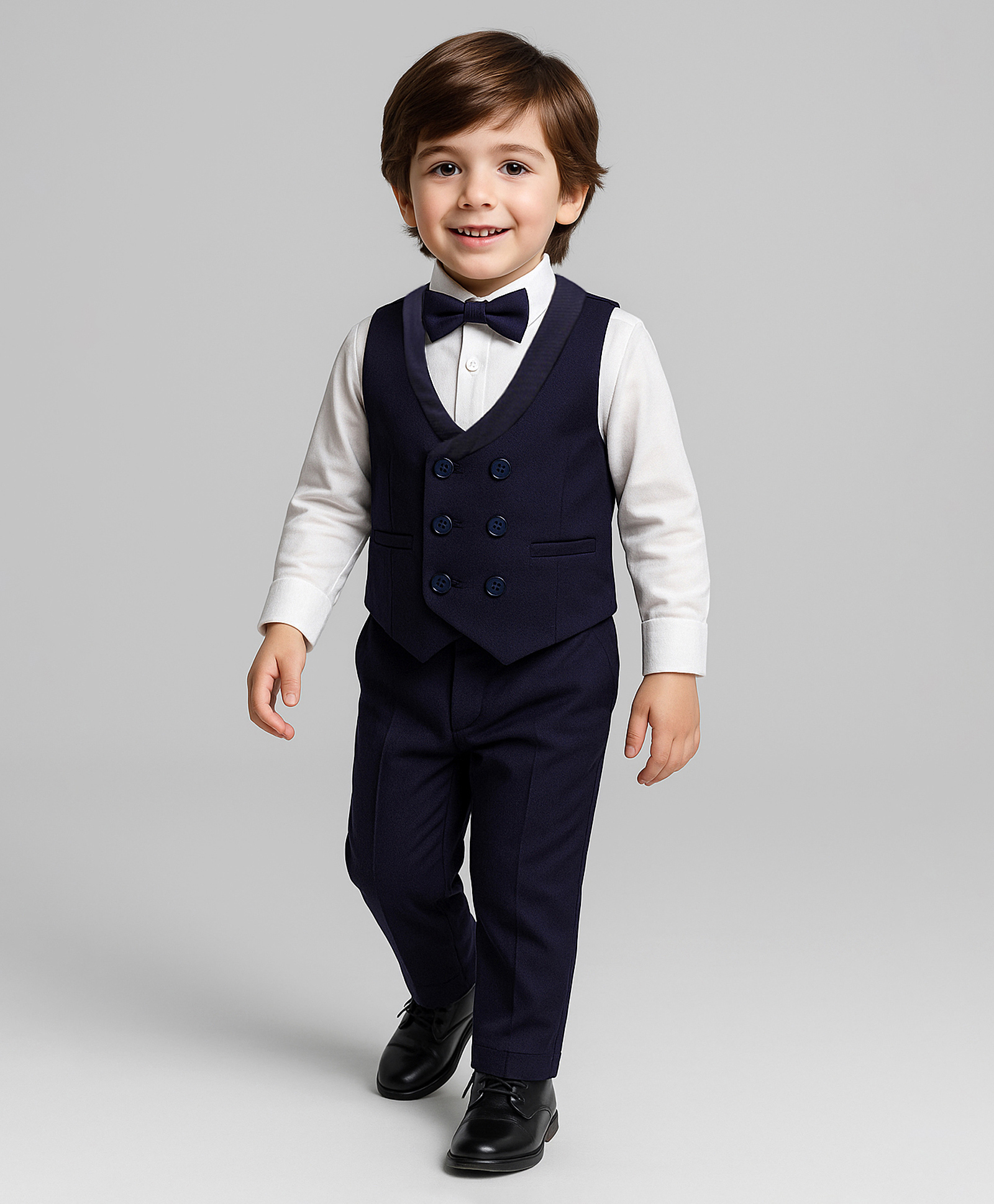 Babyhug Knit Full Sleeves Solid Color 3 Piece Party Suit with Bow - Navy Blue & White-picture-20