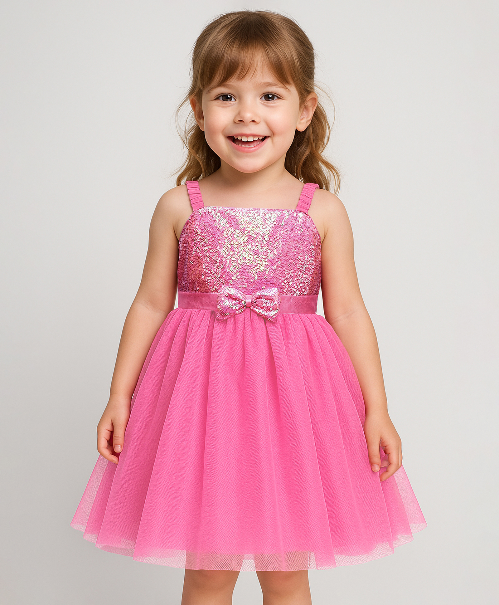Babyhug Woven Sleeveless Mesh Party Dress With Sequinned Yoke & Bow Applique - Pink-image-12