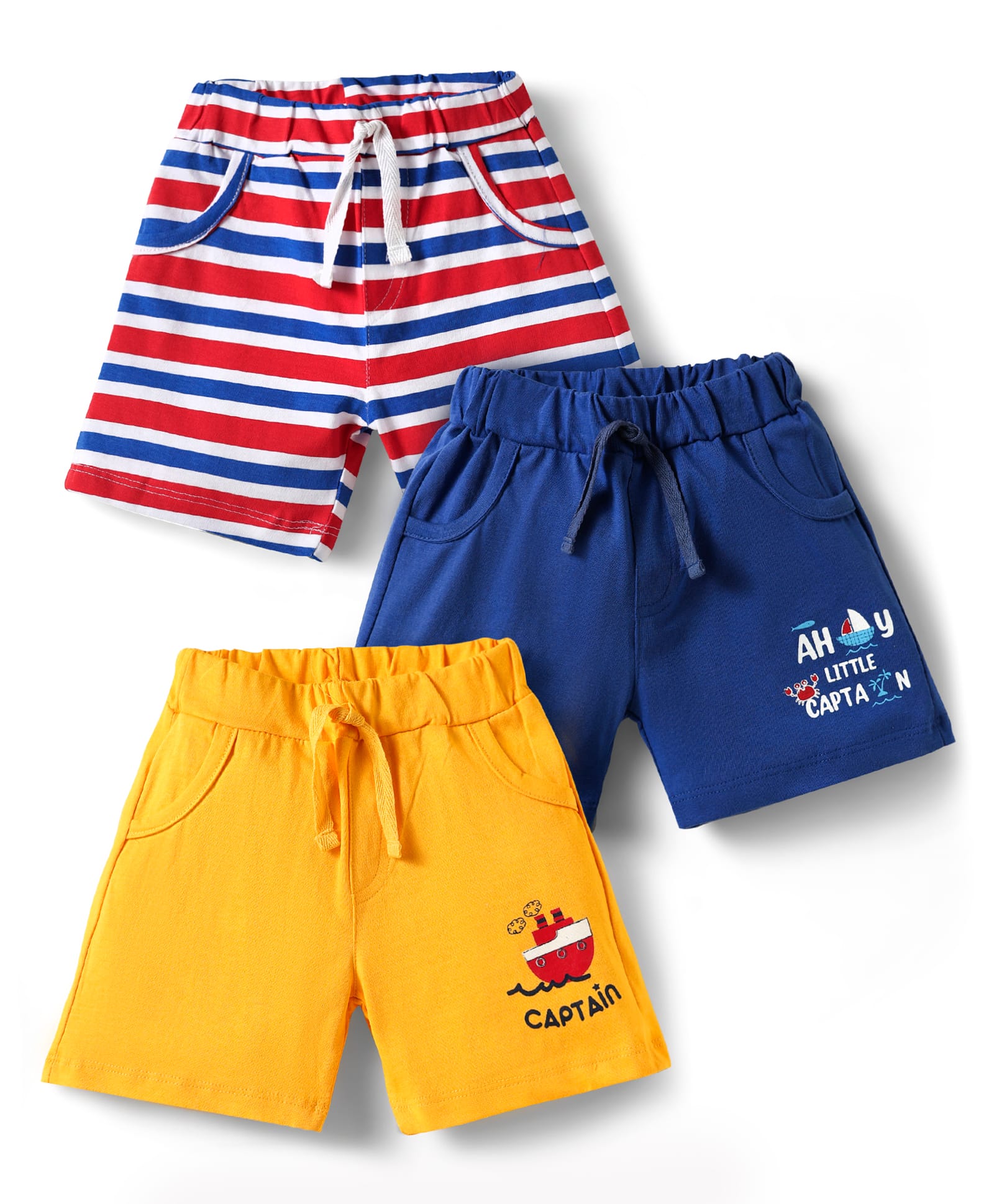 Doodle Poodle 100% Cotton Knee Length Shorts With Stripes & Nautical Theme Print Pack Of 3 - Yellow Blue & Red