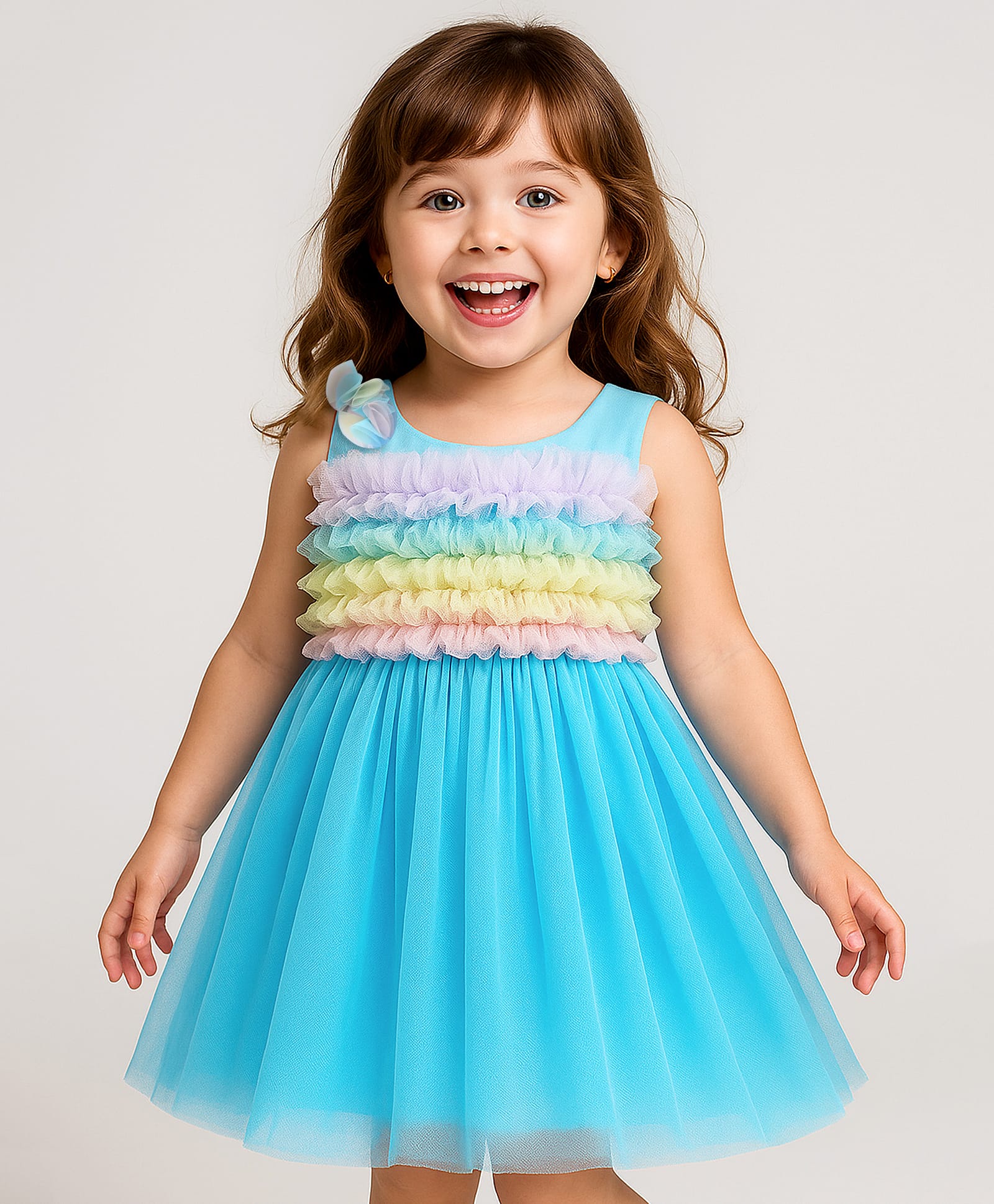 Babyhug Woven Sleeveless Party Dress With Ruffles on Yoke - Light Blue-image-22